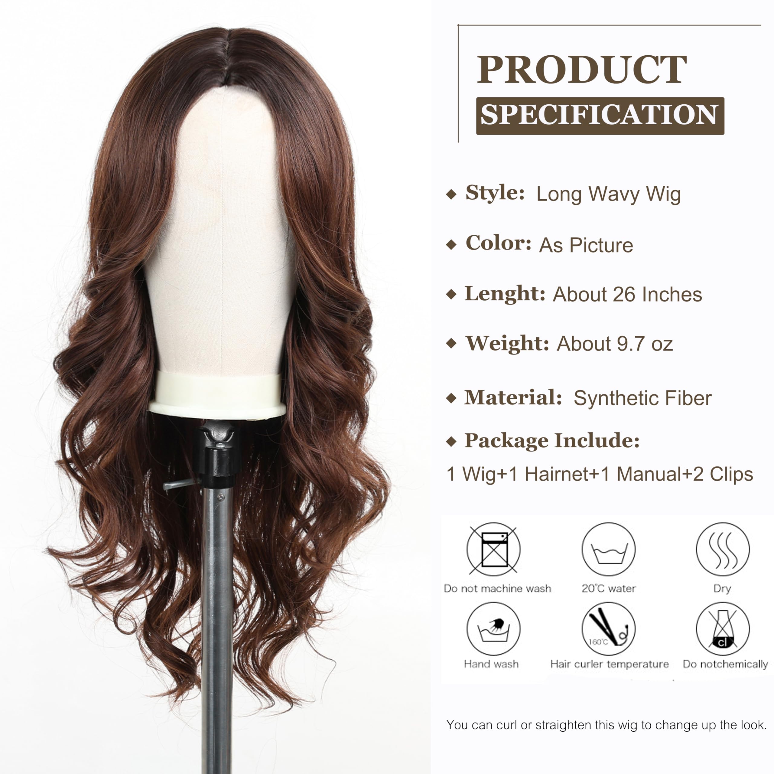 Esmee Long Wavy Brown Wigs for Women Natural Synthetic Hair Ombre Wig for Daily & Party Use, Ombre Brown 6352-2, 26 pollici - Image 2