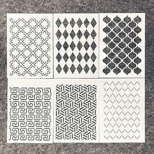 Miniatura 1 de TIAMECH 6 plantillas onduladas de geometría para pintar plantillas reutilizables en forma de cubo de diamantes en forma de estarcido, plantillas de