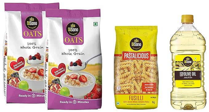 Disano Oats, 100% wholegrain, Pouch 2 kg & Extra Light Olive Oil, Indian dishes and frying, 2L & Pastalicious 100% Durum Wheat Fusilli Pasta, 1kg