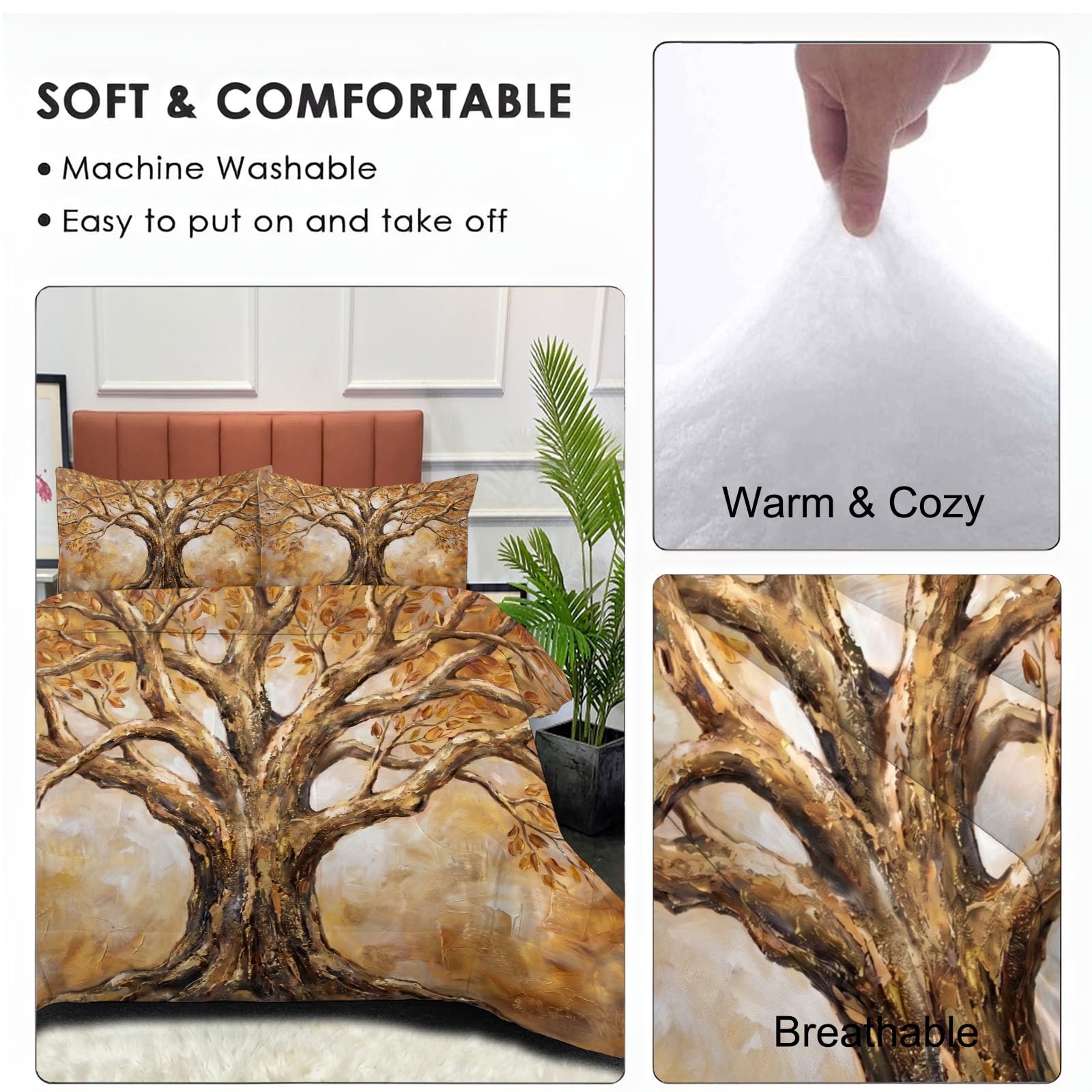 Copriletto Trapuntato Per Bambini Con Albero Autunnale Del Ringraziamento | Trapunta Matrimoniale Invernale, Oro, Piumone Caldo Morbido Dipinti Botanici Ad Olio D'Epoca Per Decorazione Camera Da Letto