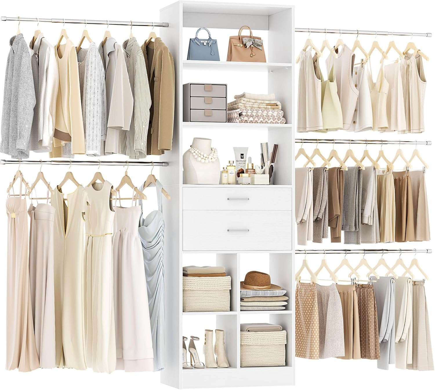 Besiost 4-8 FT Expandable Closet Organizer Tower: 2 Wooden Drawers, 5 Adjustable Hanging Rods, Shelves for Walk-in Closets 60-96" White