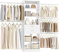 Besiost 4-8 FT Expandable Closet Organizer Tower: 2 Wooden Drawers, 5 Adjustable Hanging Rods, Shelves for Walk-in Closets 60-96" White