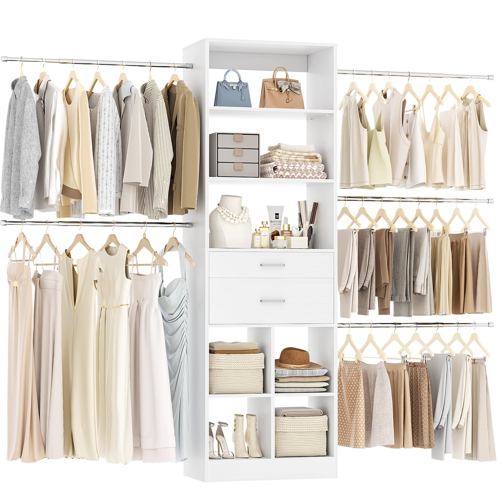 Besiost Closet System 4-8 FT Closet Organizer Tower with 2 Wooden Drawers