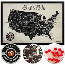 Framed Football Stadium Map - Features All Professional Football Teams & Stadiums - Track your Sports Travels - Includes 35 Red Map Push Pins
