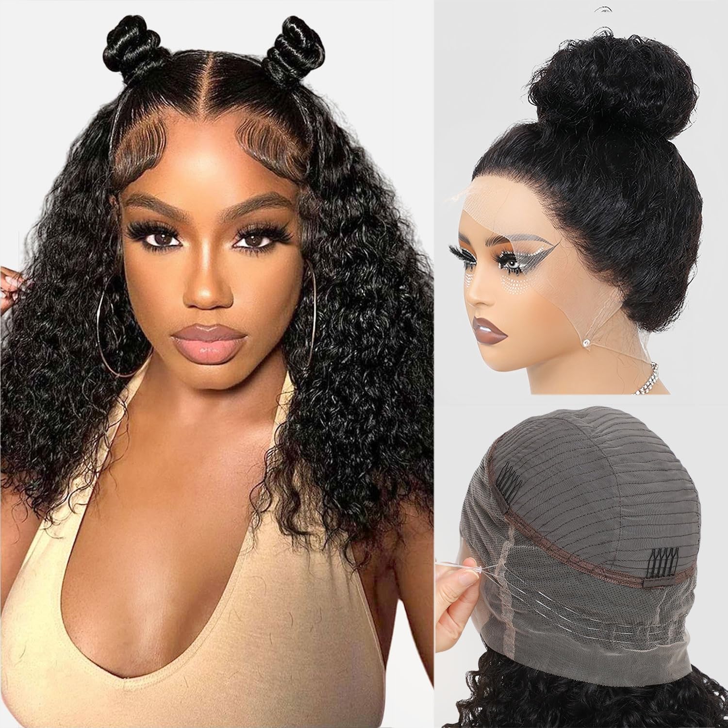 Hidden Strap 360 Deep Wave Lace Front Wigs Human Hair Curly Bob Wig with Drawstring For Black Women Human Hair 360 Glueless Bob Wig Full Lace Human