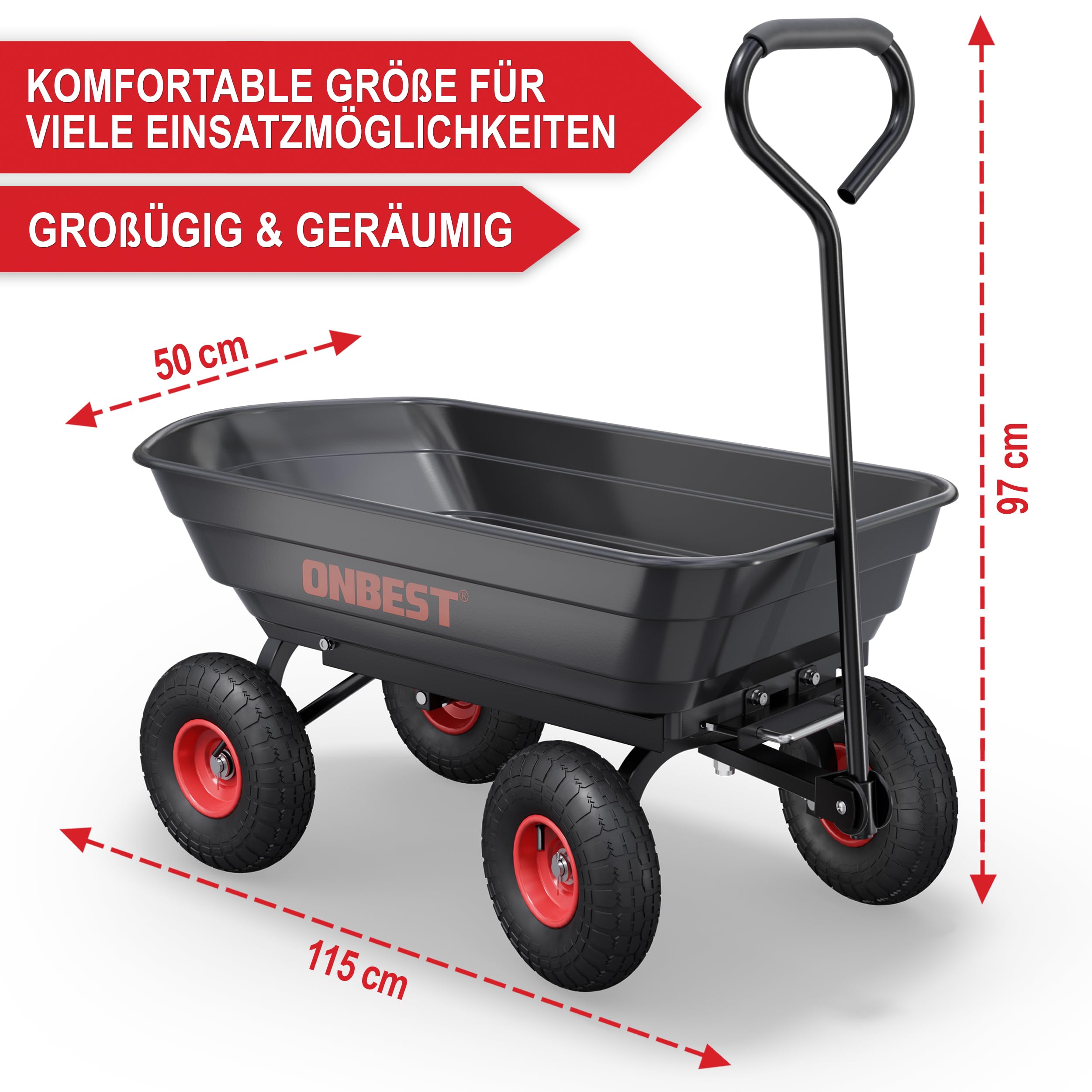 ONBEST Transportwagen mit Kippfunktion – 300 kg, 75 L Wanne | Schwarze Gartenkarre mit großer Kunststoffwanne – als Bollerwagen und Dumper inkl. großem Gartenabfallsack