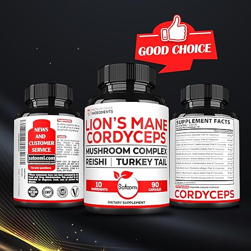 Miniatura 7 de Satoomi Suplemento de hongos Cordyceps 10 en 1, mezclado con melena de león, hongo de cola de pavo, hongo Reishi y otros, 90 cápsulas para