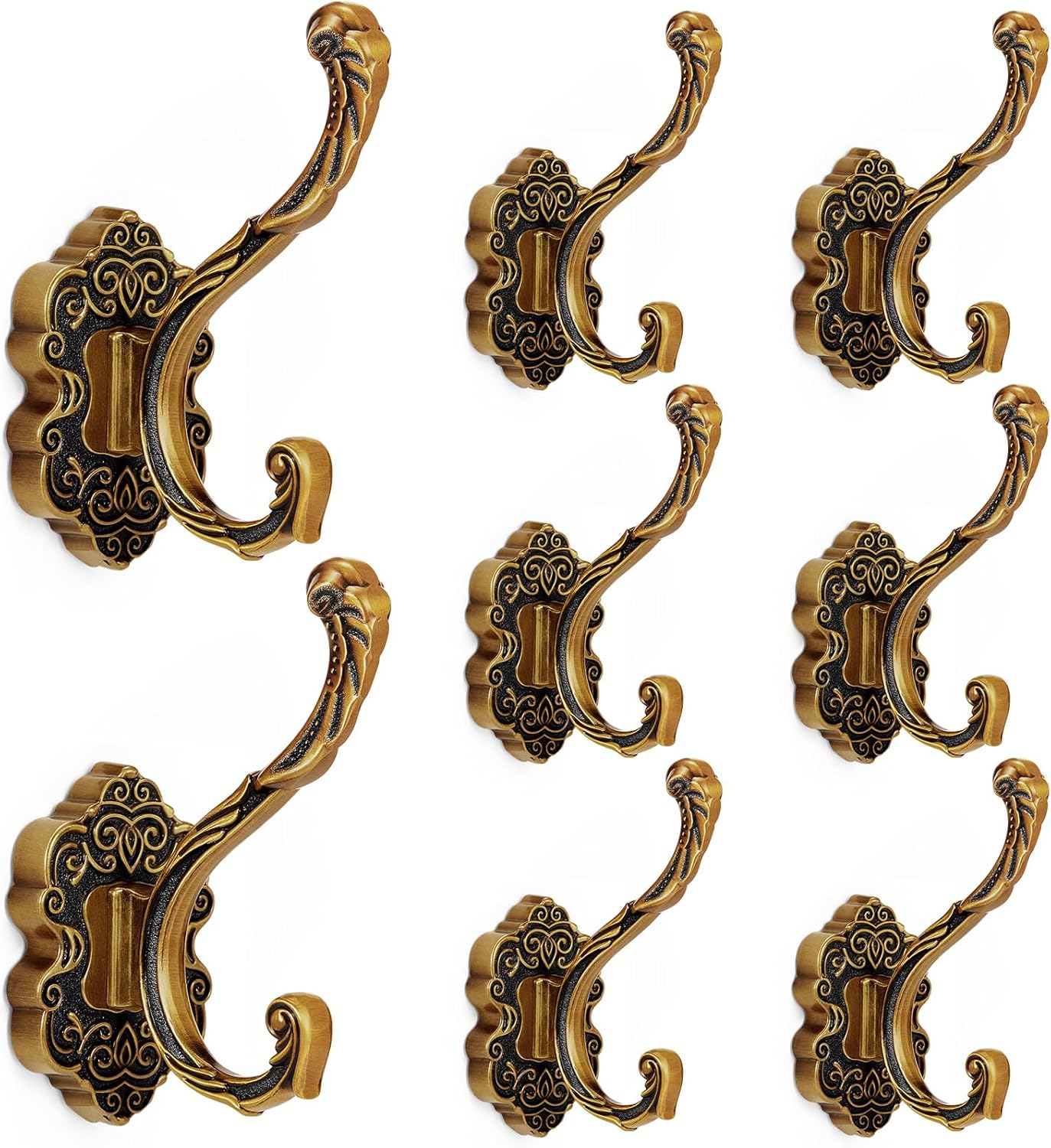 Zonon 8 Pcs Antique Gold Wall Hooks Set Vintage Coat & Towel Hooks for Entryway, Bathroom, Bedroom Decorative Heavy Duty Wall Mounted Unique French Country Curtain Holder for Keys, Hats Bags, Clothes
