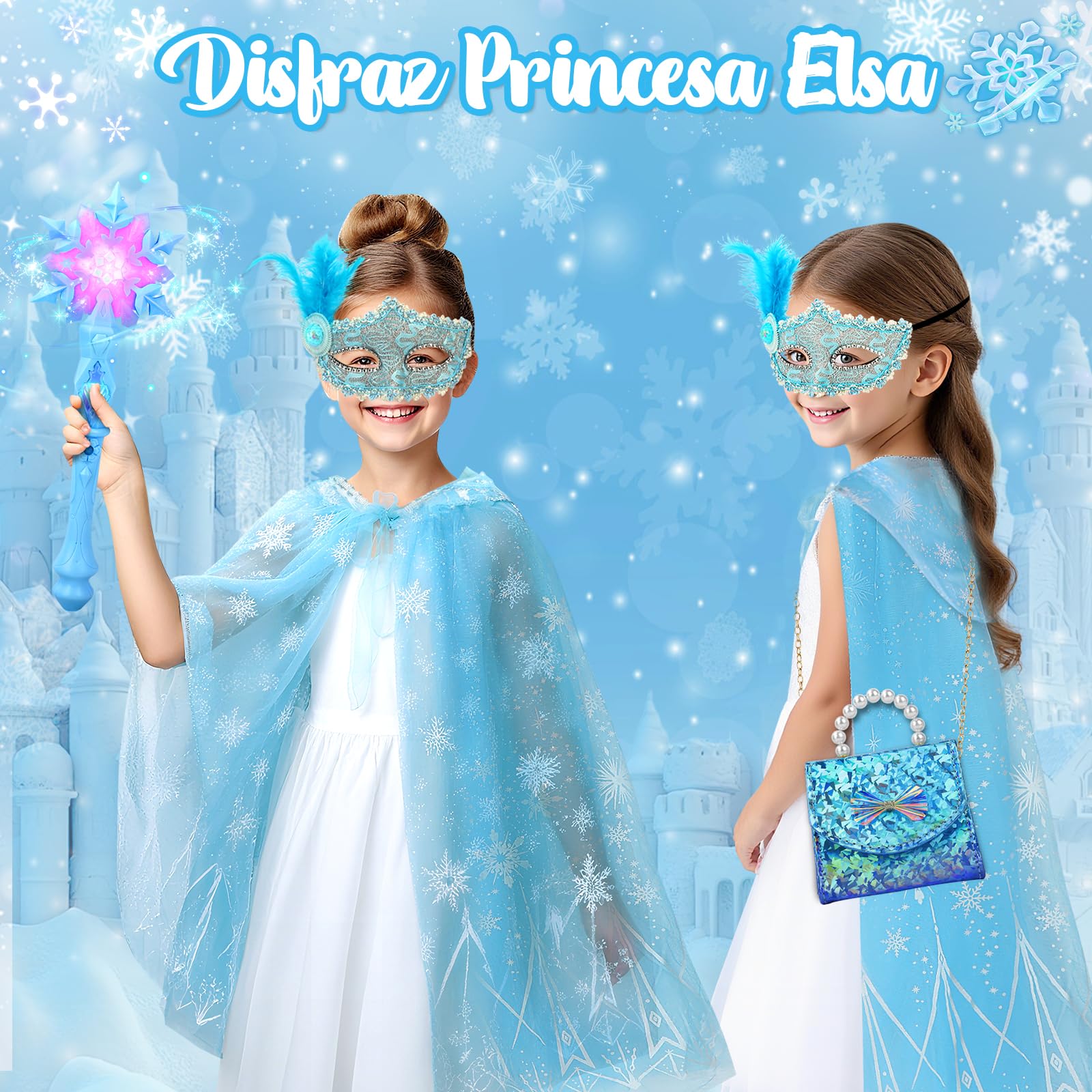 Disfraz Princesa Elsa, Set Maquillaje Niña con Pintauñas, 20 Piezas Juguetes Princesa Elsa, Bolsa de Mano Capa Varita Magica, Regalo de Cumpleaños para Niñas 3 4 5 + Años