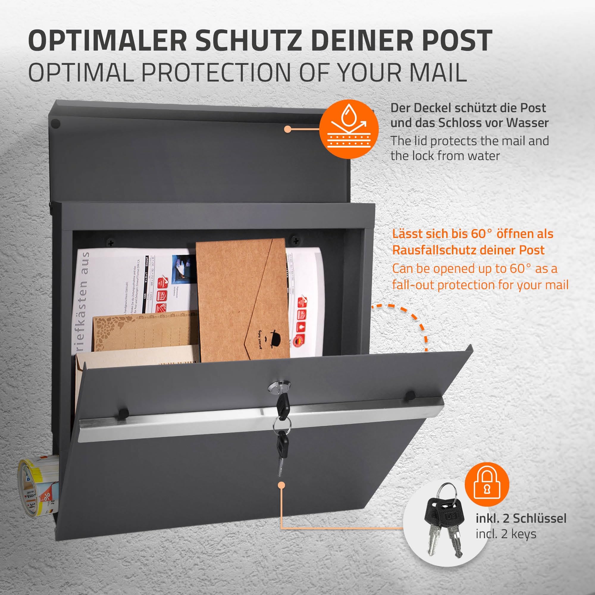 ECD Germany Buzón Autoportante de Acero Inoxidable Antracita Exterior con Soporte Poste 170cm Casillero Moderno con Compartimento para Periódicos y Cerradura con 2 Llaves Incluidas