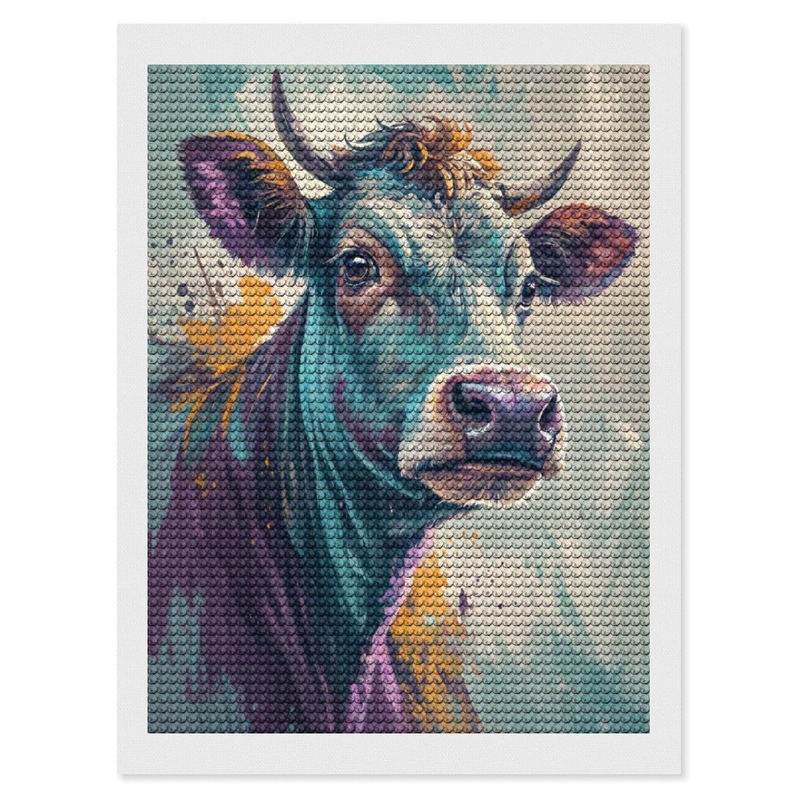 Junmoney Colorful Cow Portrait DIY Diamond Art Canvas Kit 12"x16", Simple to Start, Fun Craft Experience, Modern Decor, Gift Idea, Adhesive Canvas