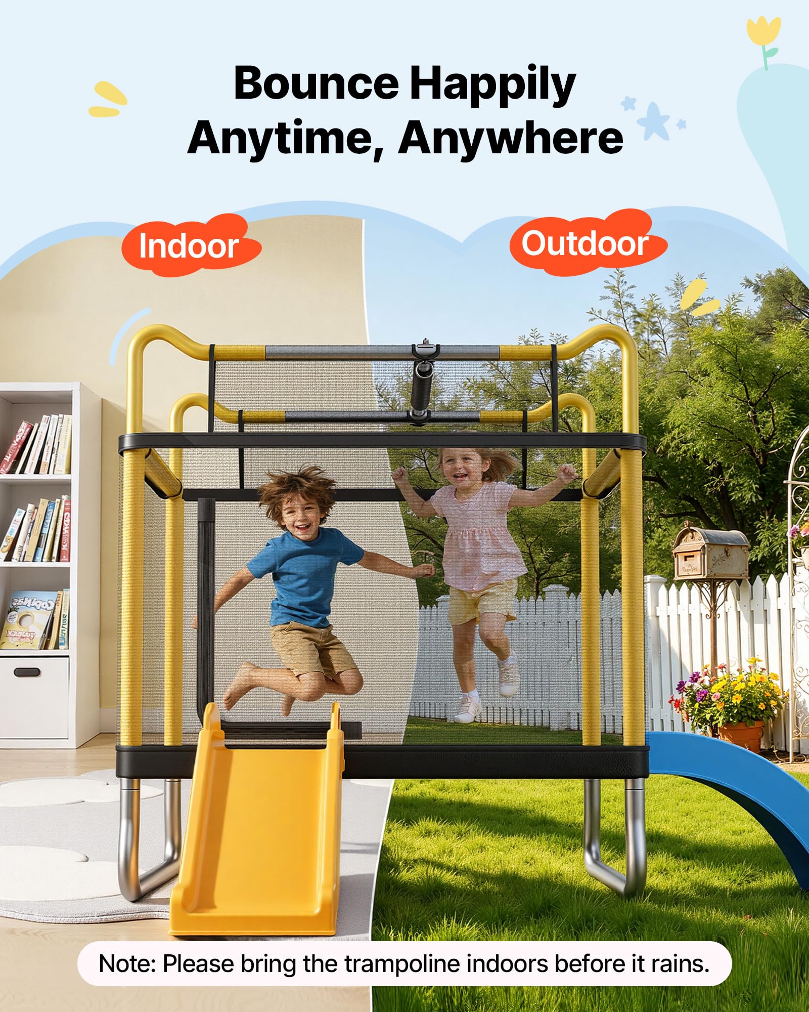 VEVOR Trampolín Infantil Cama Elástica para Niños Rectangular Carga 60 kg, con Red de Seguridad, Toboganes y Aro de Baloncesto, Marco de Tubos Galvanizados, Lona de Salto de PP, Regalo de Cumpleaños