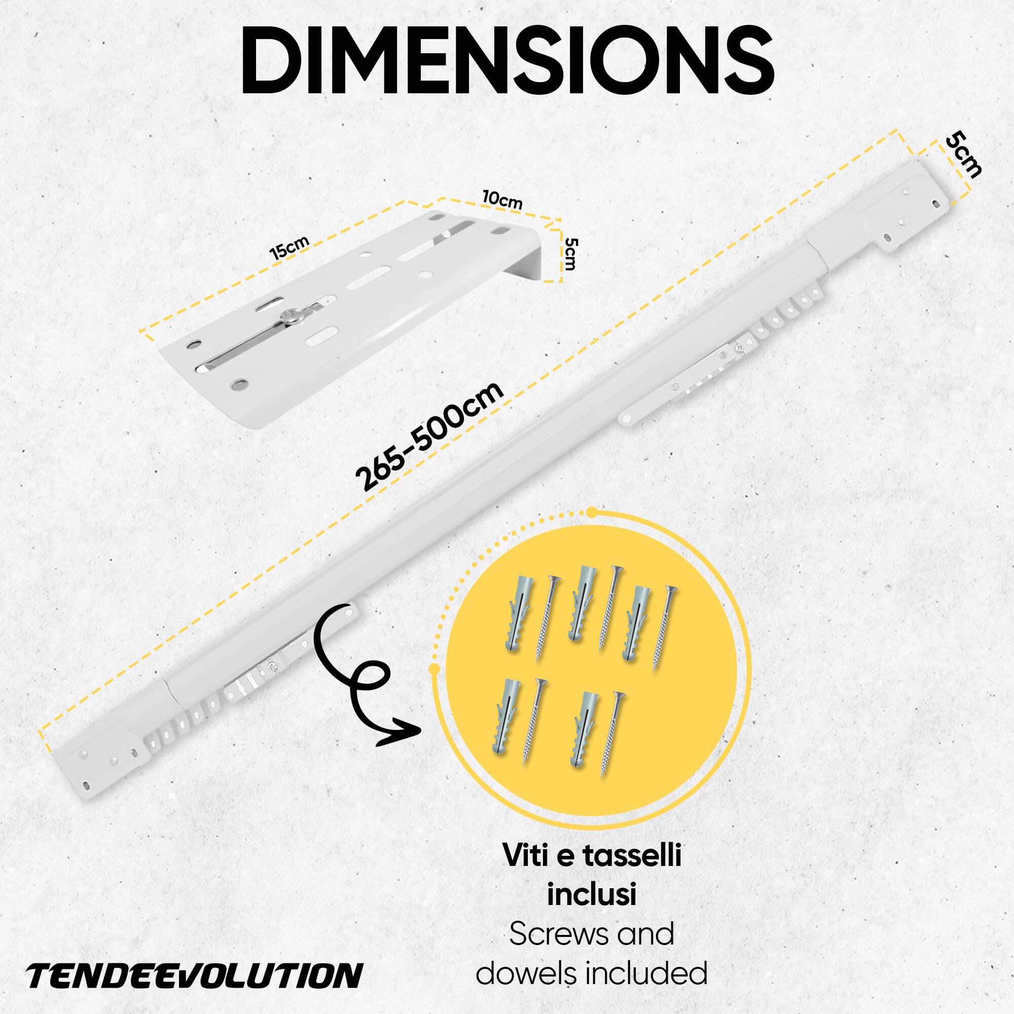 Carril Extensible para Cortinas de Acero Galvanizado Lacado en Blanco, Apertura Personalizable con Cordón, Carril para Cortinas de Techo o Pared con Soportes, Carril Deslizante (DE 265 A 500 CM)