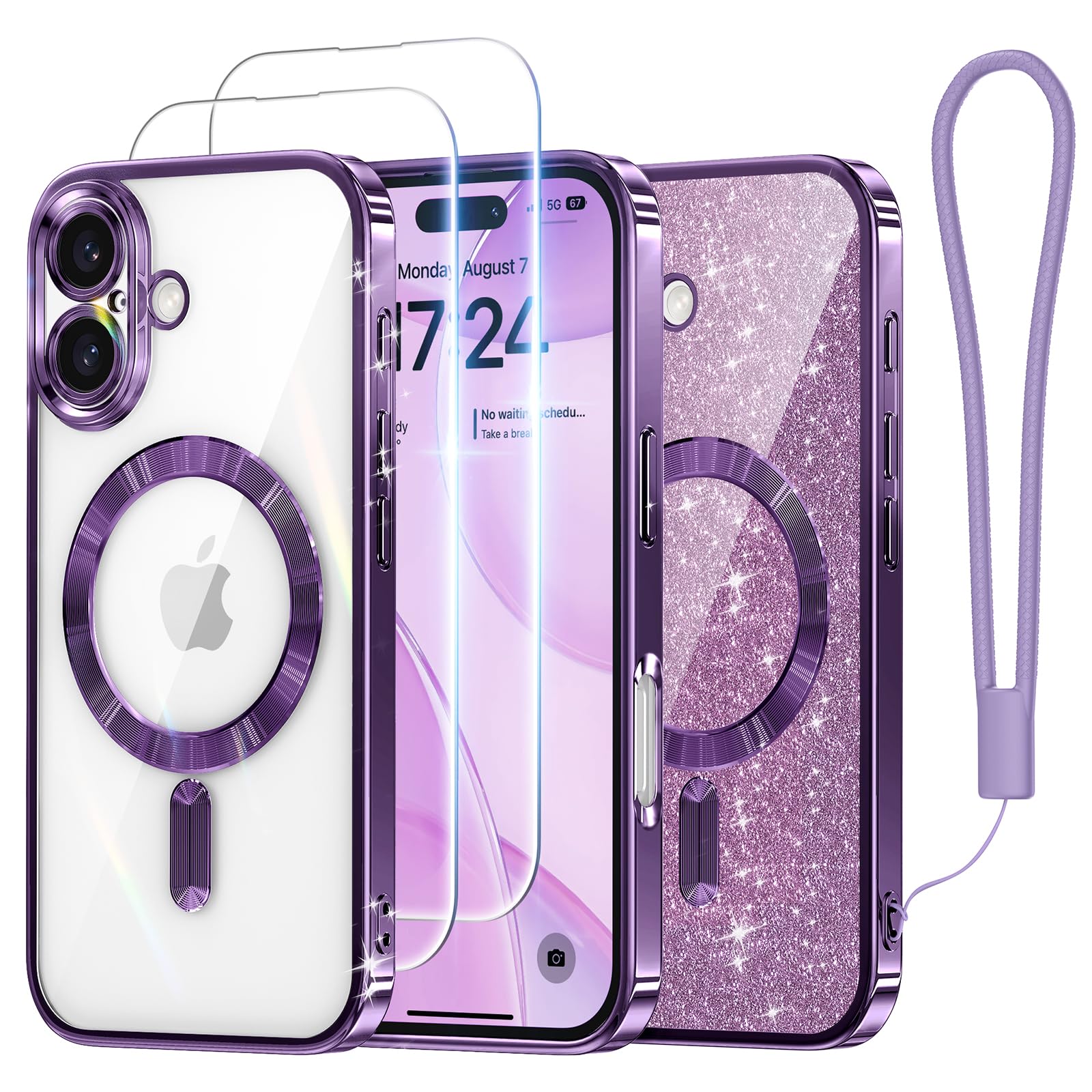 Meifigno Case Designed for iPhone 16 6.1 inch, [Compatible with MagSafe] [2X Screen Protectors] [Glitter Card & Wrist Strap] Surround Lens Protection
