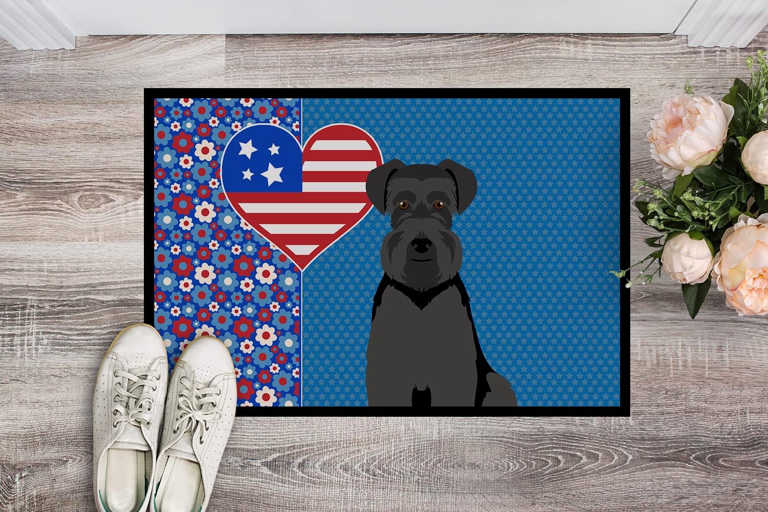 Caroline's Treasures WDK5281JMAT Black Natural Ears Schnauzer USA American Indoor or Outdoor Mat 24x36 Front Door Mat Indoor Outdoor Rugs for Entryway, Non Slip Washable Low Pile, 24H X 36W