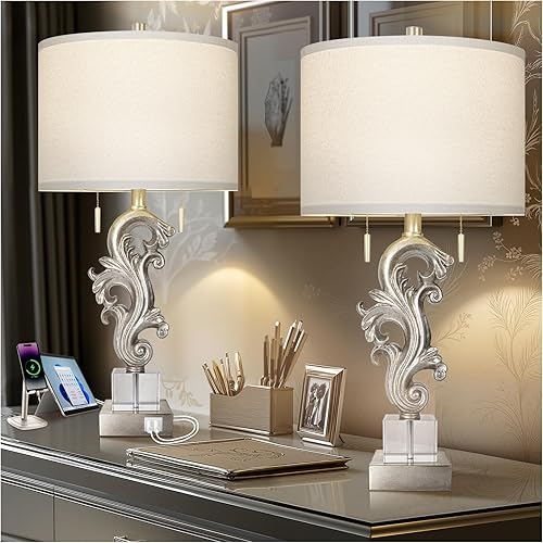 Miniatura 11 de Juego de 2 lámparas de mesa escultóricas con puertos USB para sala de estar, lámparas de noche de granja con acabado en hoja de oro y interruptor
