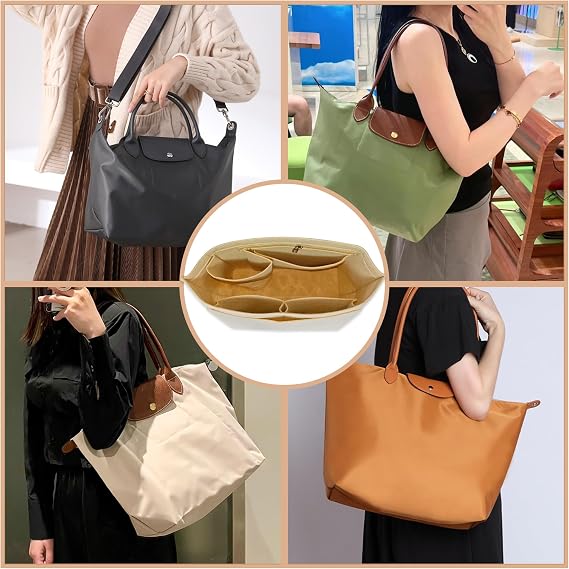 Felt Bag Organizer Insert for le pliage Tote,Purse Organizer Insert Handbag Organizer with Divider Pocket and Zipper Inner Bag Liner for Longchamp Bag (Light Gray,Medium)