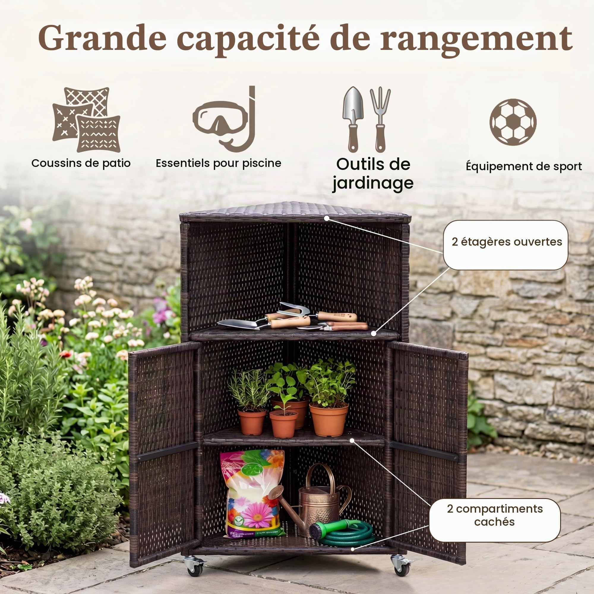 LIFEZEAL Armoire de Jardin en Rotin, Armoire d'angle avec Étagères