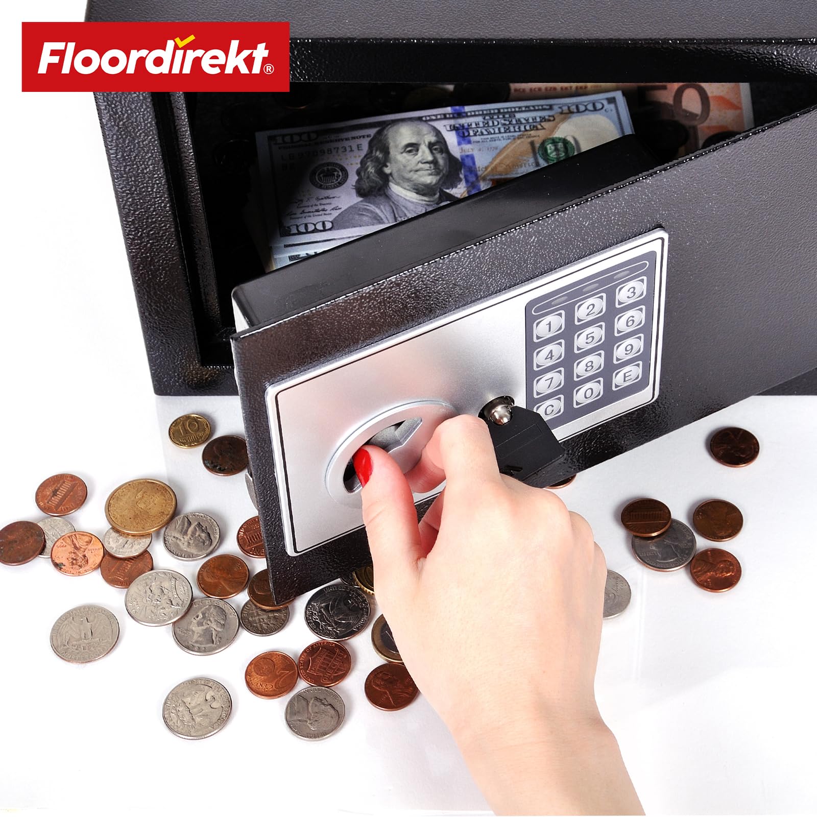Floordirekt Safe Tresor für Zuhause, 16L 25H x 35B x 25T cm, Möbeltresor mit Schlüssel und Zahlenschloss, Kleiner Wandtresor, Geldtresor, Möbelsafe für Bargeld, Schmuck, Wertsachen (Safemaxx)
