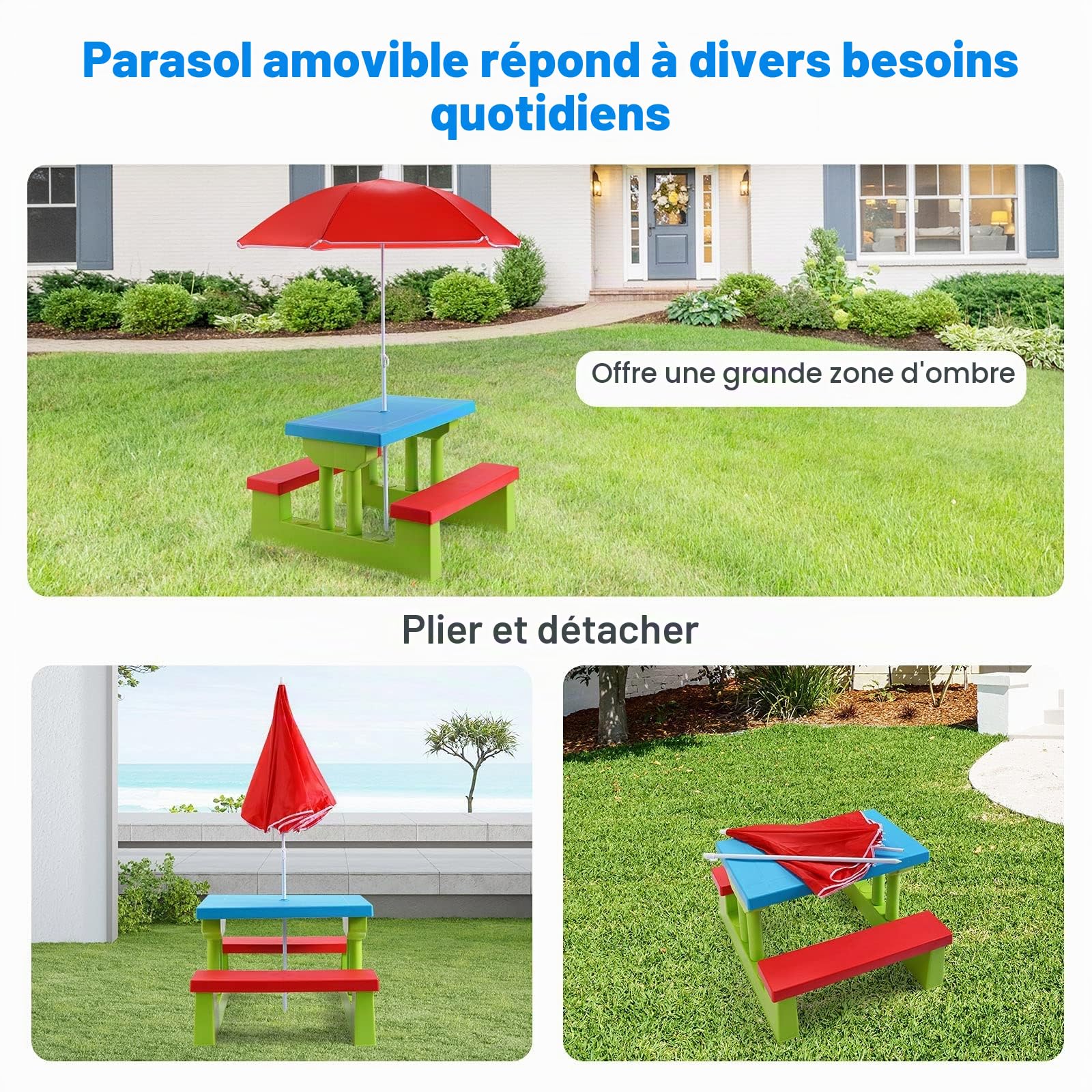 GIANTEX Table de Pique-Nique pour Enfants, Ensemble de Table et Chaises avec Pare-Soleil Amovible,Ensemble Salon de Jardin pour Enfants de Plus de 3 Ans, pour Jardin, Terrasse, Parc(Bleu+Vert+Rouge)