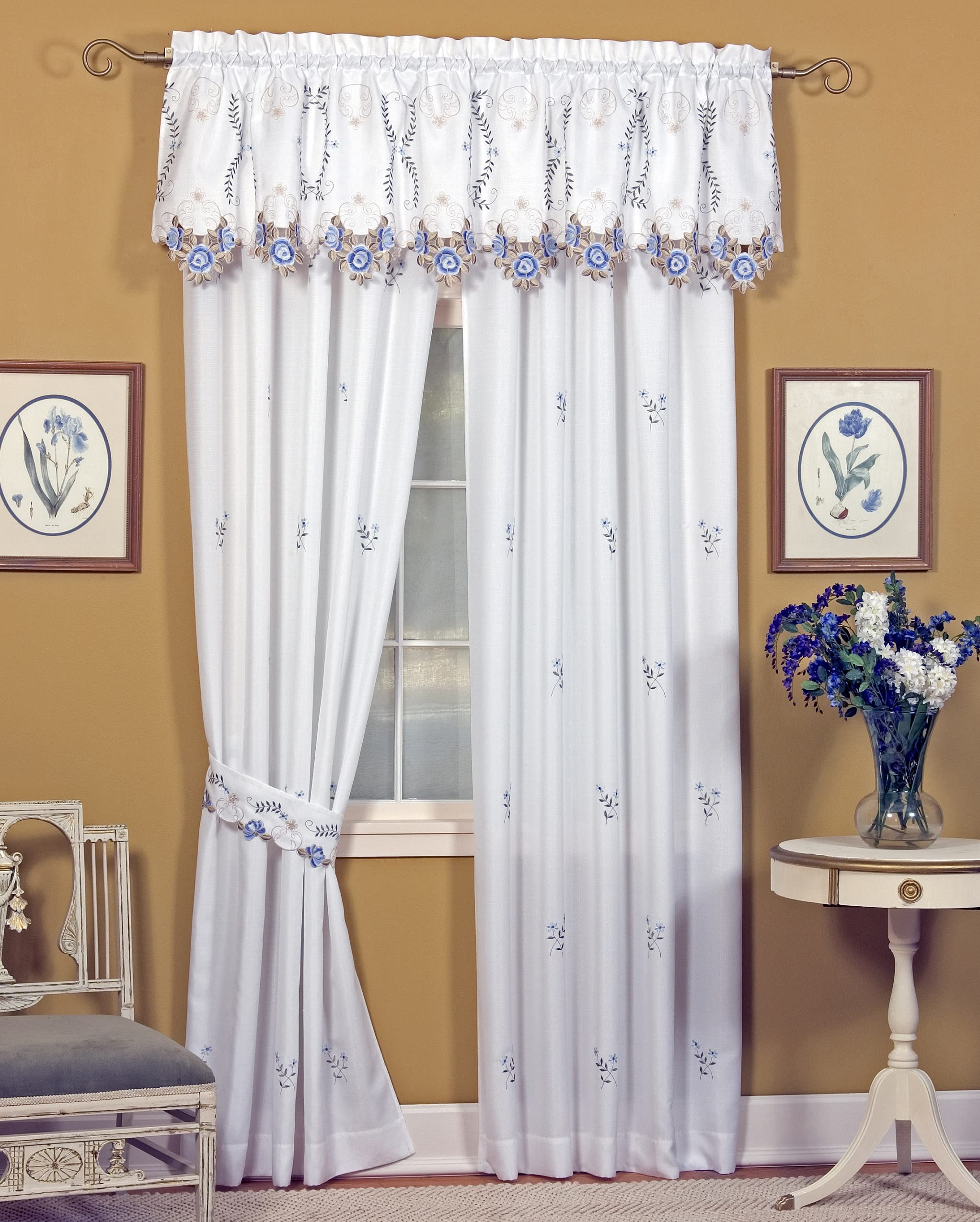Today's Curtain Verona Reverse Embroidery Window Panel Pair and Tiebacks, 84-Inch, White/Blue, W 80" x L 84" (1 Panels)
