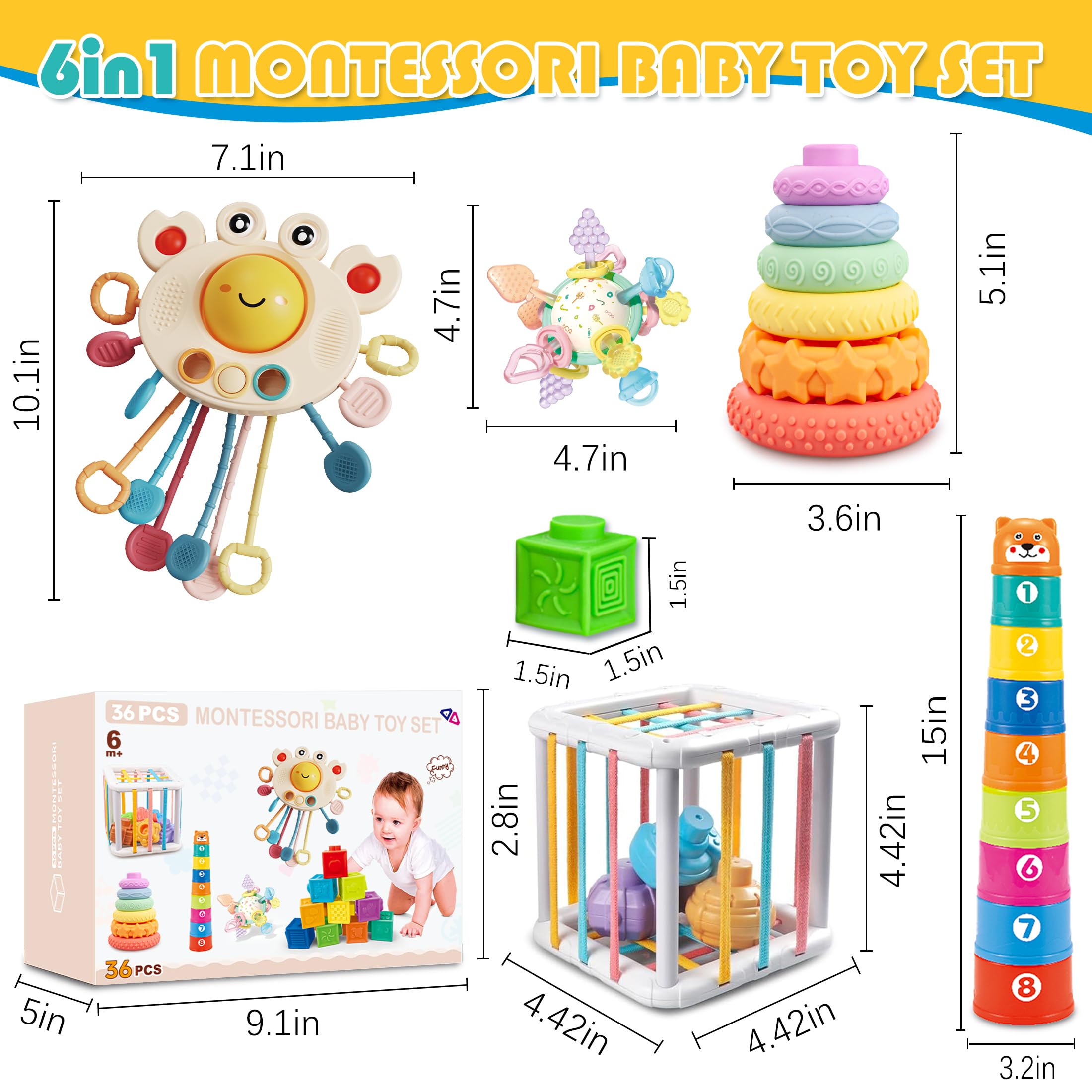 Juguetes para bebés de 6 a 12 meses, juguete Montessori para bebés de 6 a 12 meses, incluye bloques de construcción suaves y juguete de cuerda de silicona y cubo sensorial y bola de Manhattan y 2 4