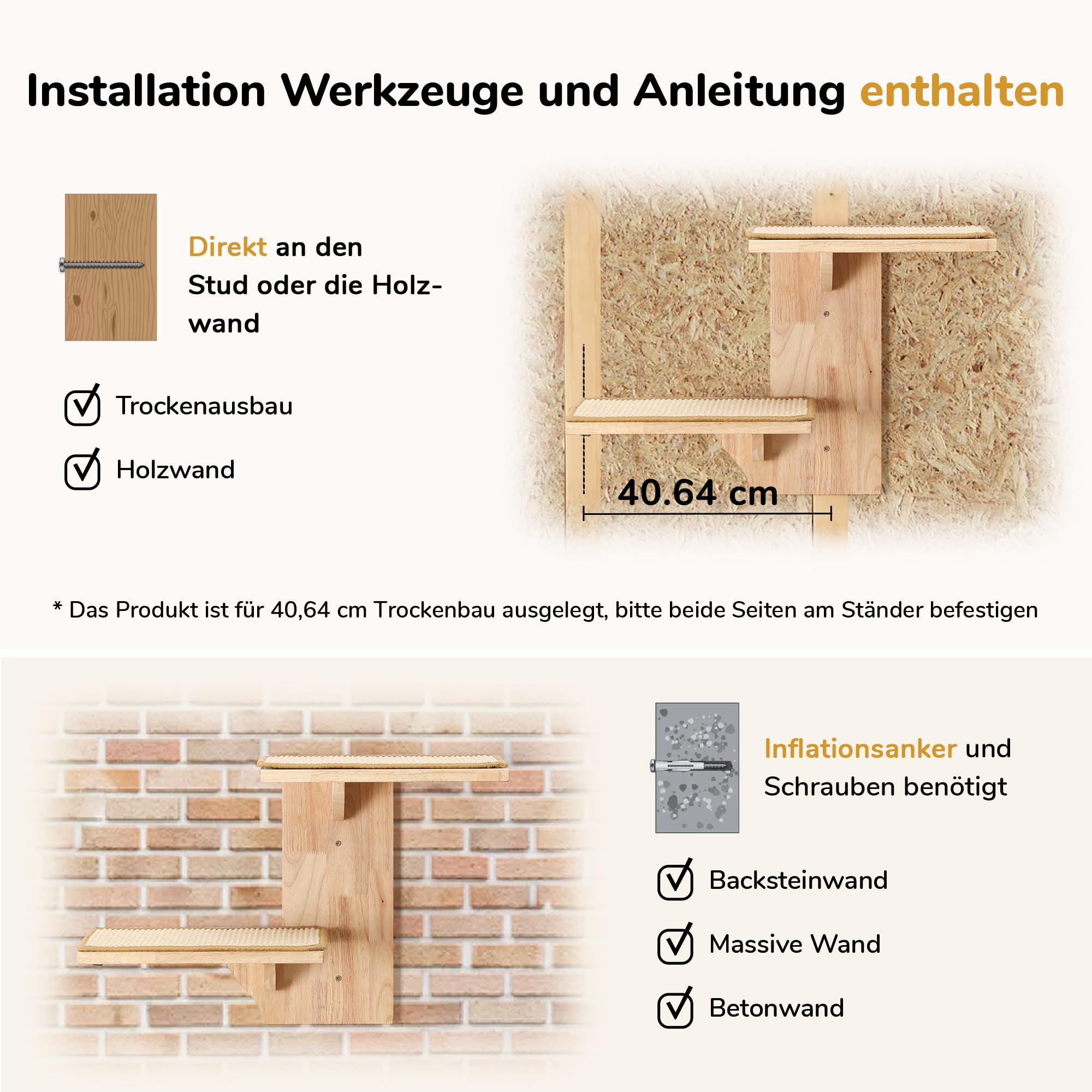 FUKUMARU Kletterwand Katze, 2 Plattform-Katzen-Wandmöbel aus Massives Gummiholz，40,6 cm Wandmontiertes Katzen mit Sisalmatte, Wandregale zum Klettern, Spielen, Kratzen