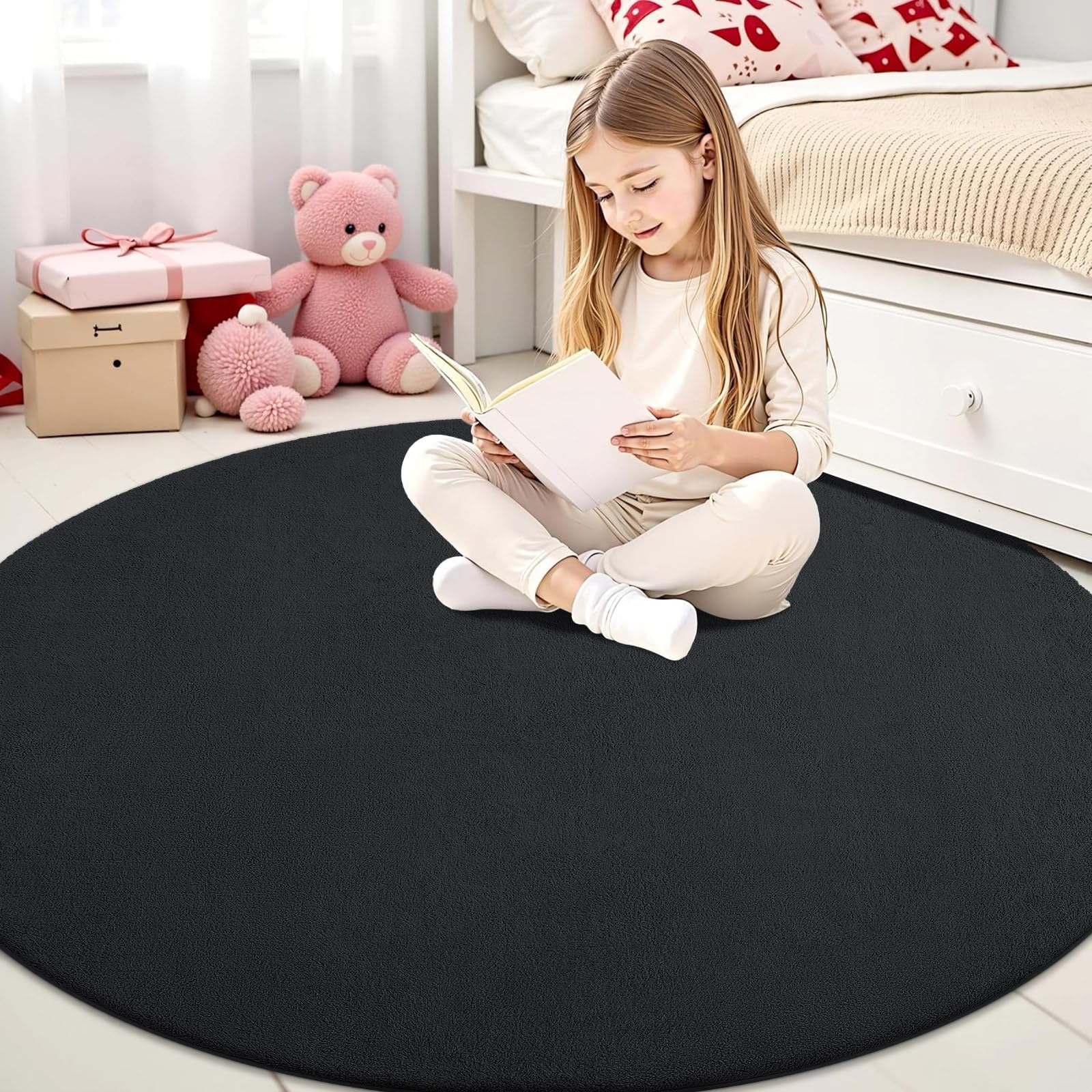 smiry Modern Fluffy Rugs Living Room, Round 120cm, Black
