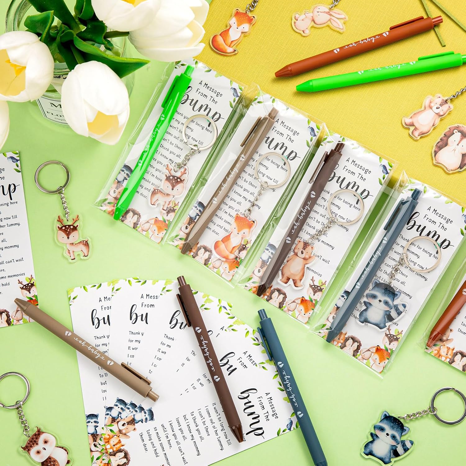 Highergo 100 Pcs Baby Shower Party Favors Bulk 50 Animal Keychains 50 Ballpoint Pens with Thank You Cards Gender Reveal Gift for Guest Baby Shower Souvenir Prize(Woodland)