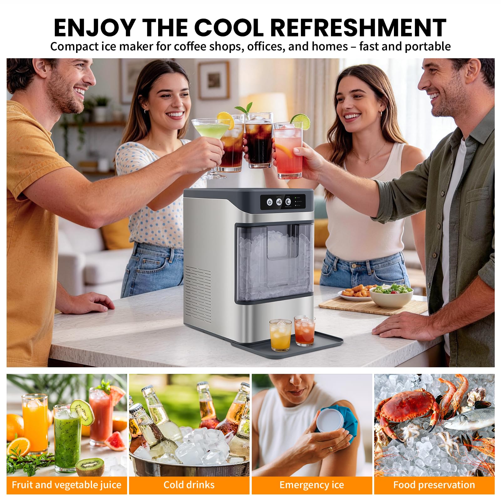 Eiswürfelmaschine 15kg/24h – Nugget-Eis in 6 Min, Crushed Ice, automatische Reinigung, 120W, mit Infrarot-Sensor, energiesparend, Schwarz
