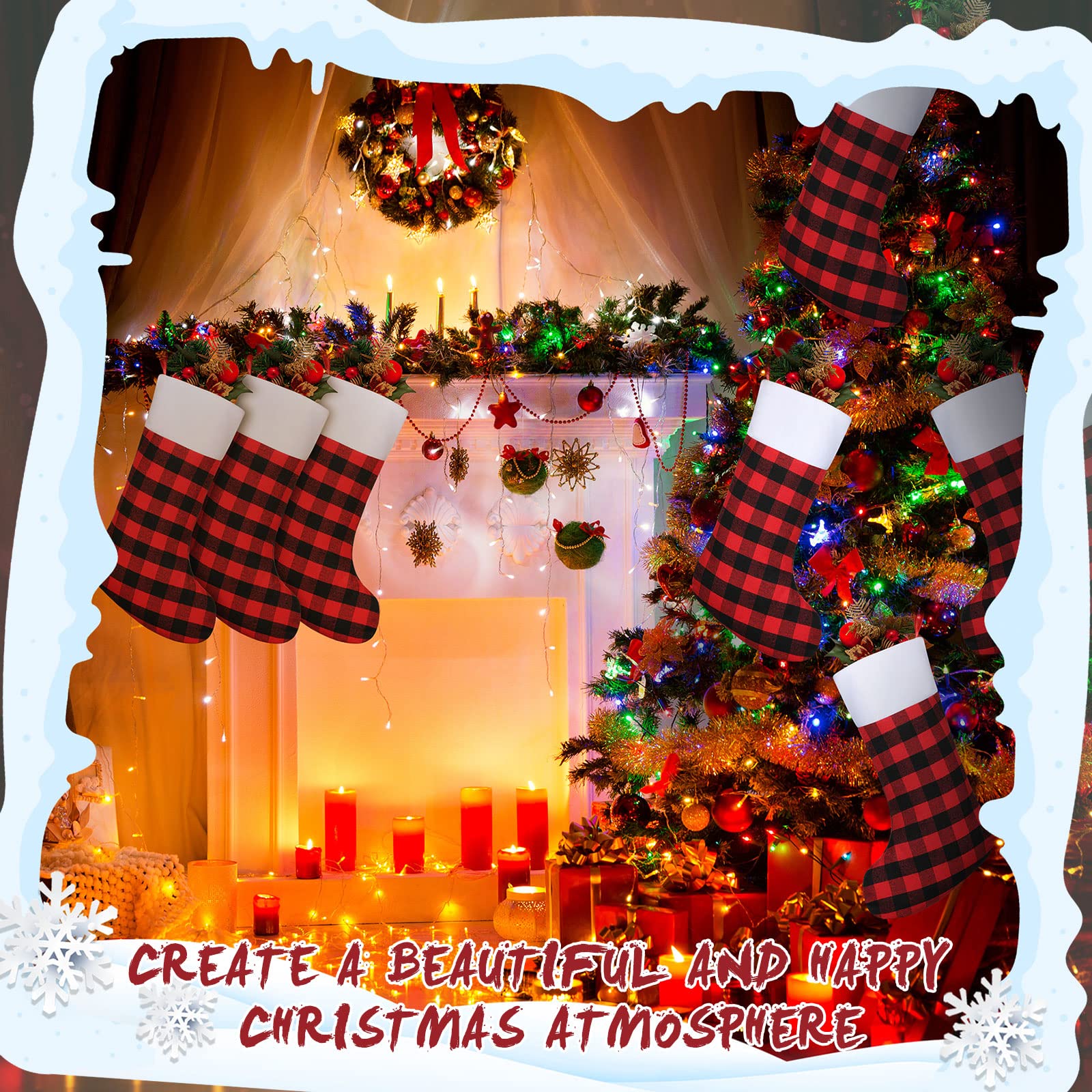 Lot de 50 chaussettes de Noël classiques à carreaux de 45,7 cm avec revers en peluche - Décorations pour la famille, les vacances, la décoration de fête de Noël (rouge et noir)