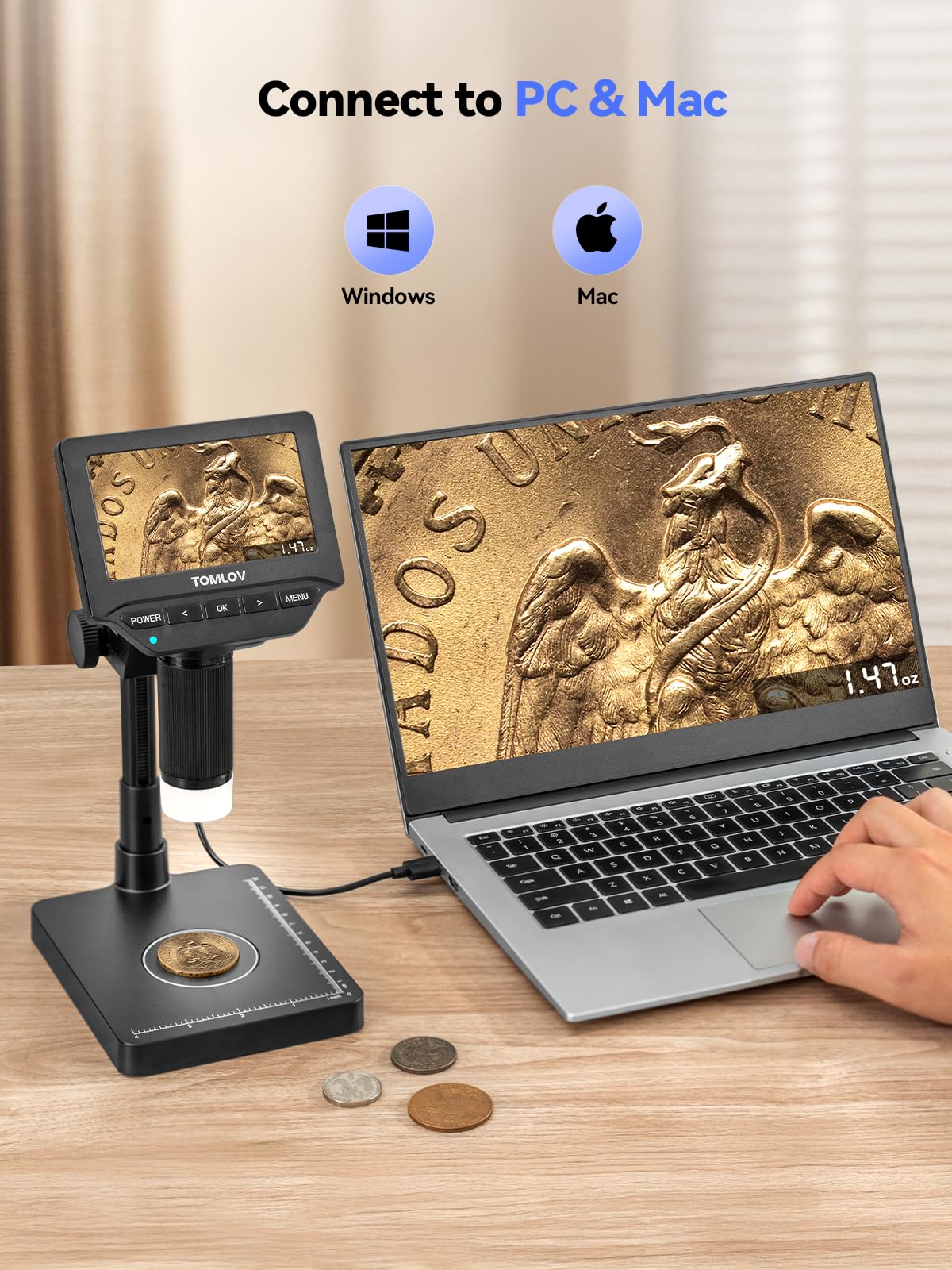 TOMLOV DM4W Digital Microscope with Scale: Coin Microscope with 4.3" IPS Screen, Coin Magnifier with Light, Precise Scale for Collectors, Jewelers, Compatible PC/Mac — view 7