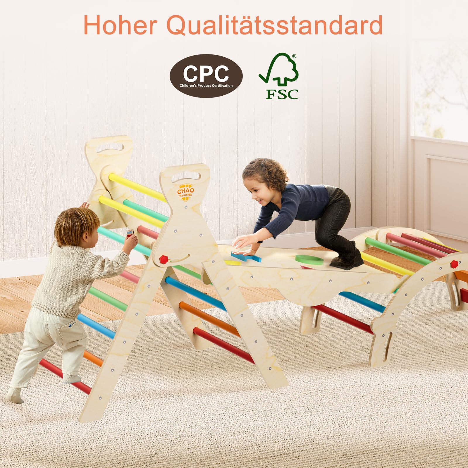 Pikler Dreieck 8-in-1 klappbar, Montessori Klettergerüst Indoor aus Holz mit Rutsche, Kletterbogen und Rampe für Kinder 1–6 Jahre stabil und platzsparend, Regenbogenfarben