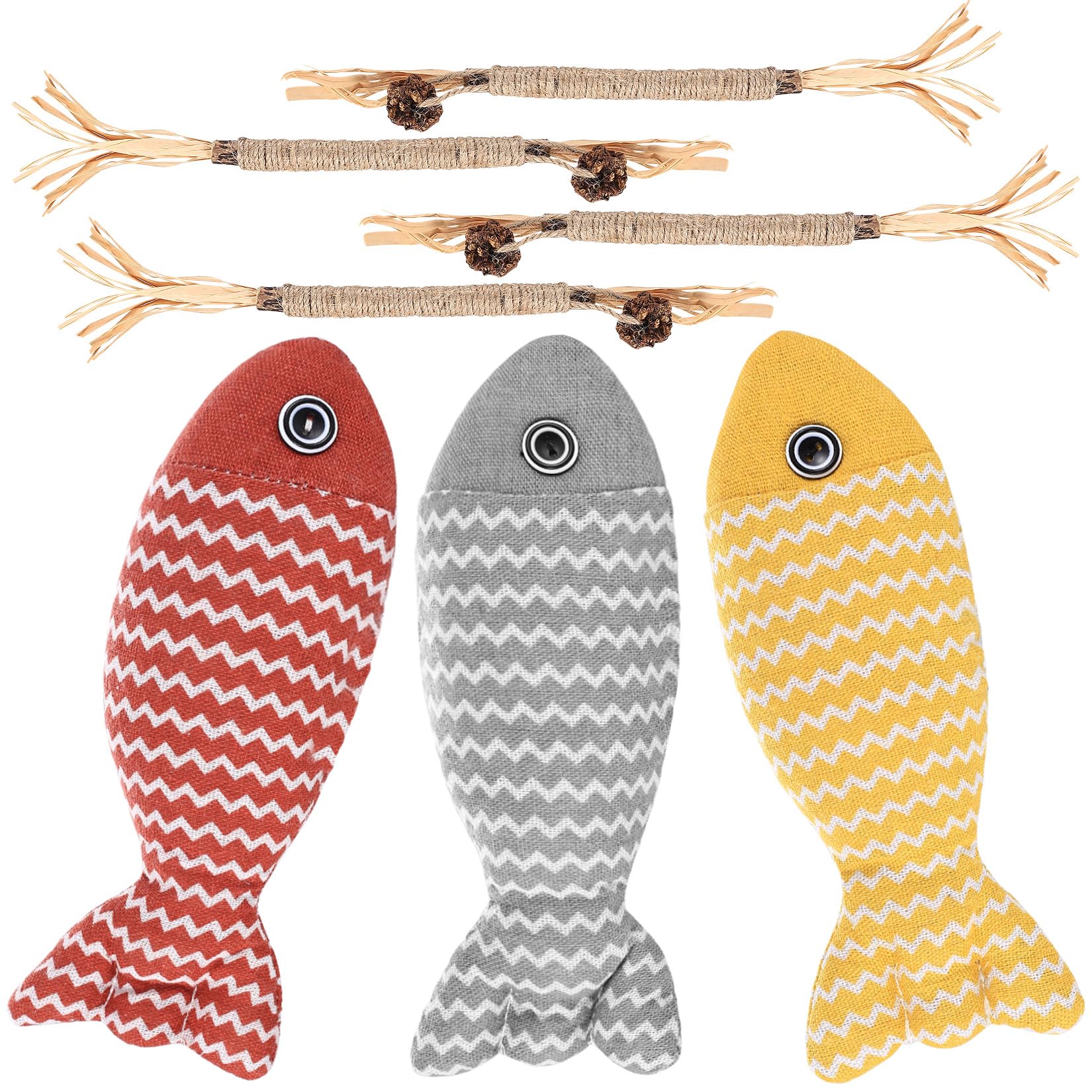 Wukemaoyi 3 stuks kattenspeelgoed visvorm + 4 stuks Matatabi kattenkruidstokken, kattenstokken, matabi sticks voor tandverzorging, interactief kattenspeelgoed met kattenmunt, Silvervine, spelen en
