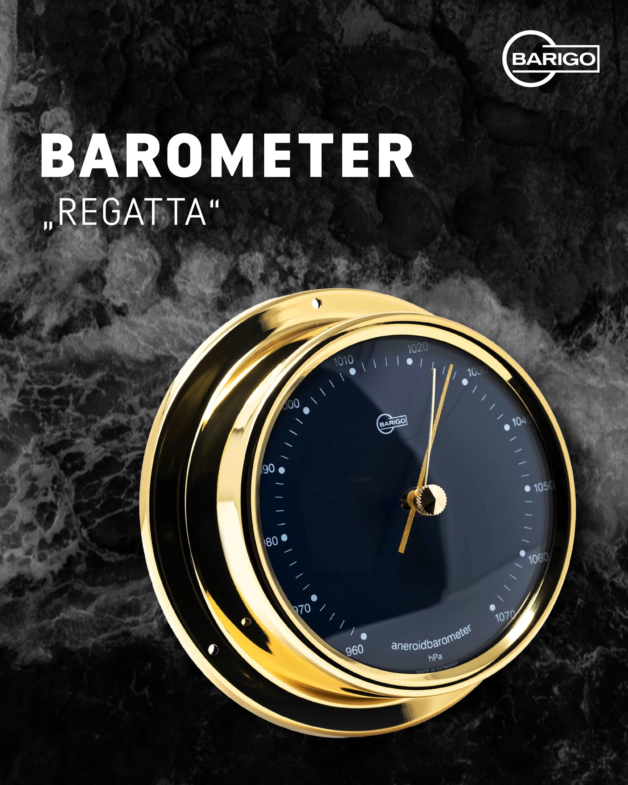 BARIGO 184MSBL REGATTA barometr – 125 x 40 mm – ciśnieniomierz z obudową z mosiądzu polerowany, niebieska skala – Made in Germany