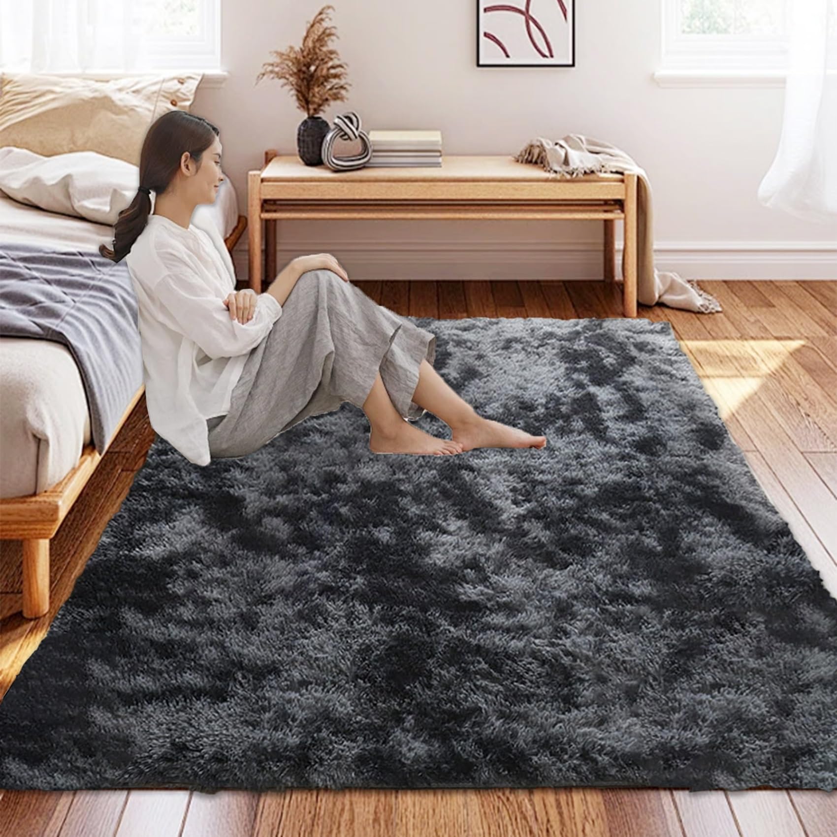 CUIMEI Rug Living Room Large 90 x 180 cm, Modern, Fluffy, Non-Slip Underside, Washable up to 30°C, Super-Soft, Fur Look,For Bedroom Square Fur Rug Fluffy Bedroom, Dark Grey