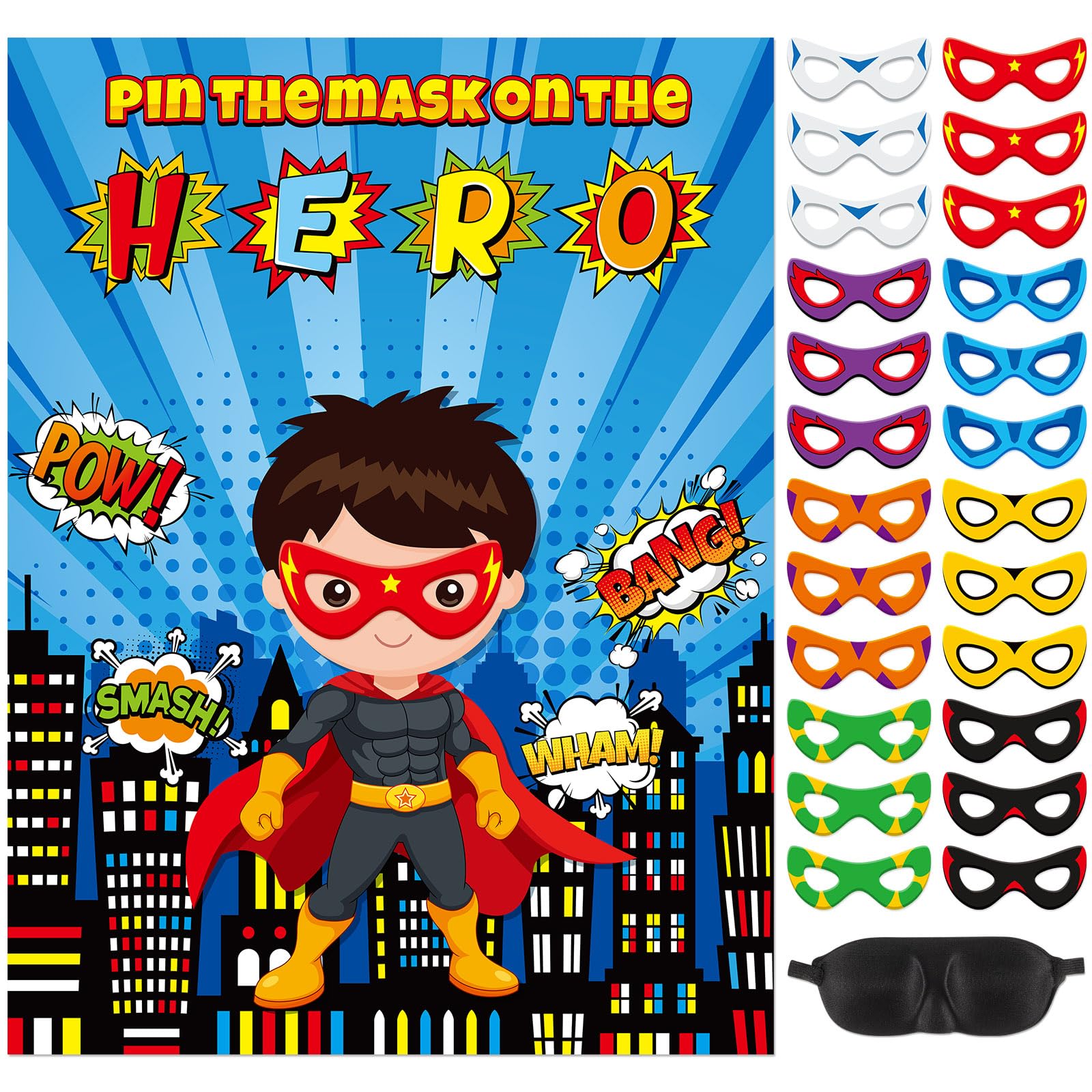 View 1 of [MISSING MASKS] Faccito Hero Party Games Poster with Stickers