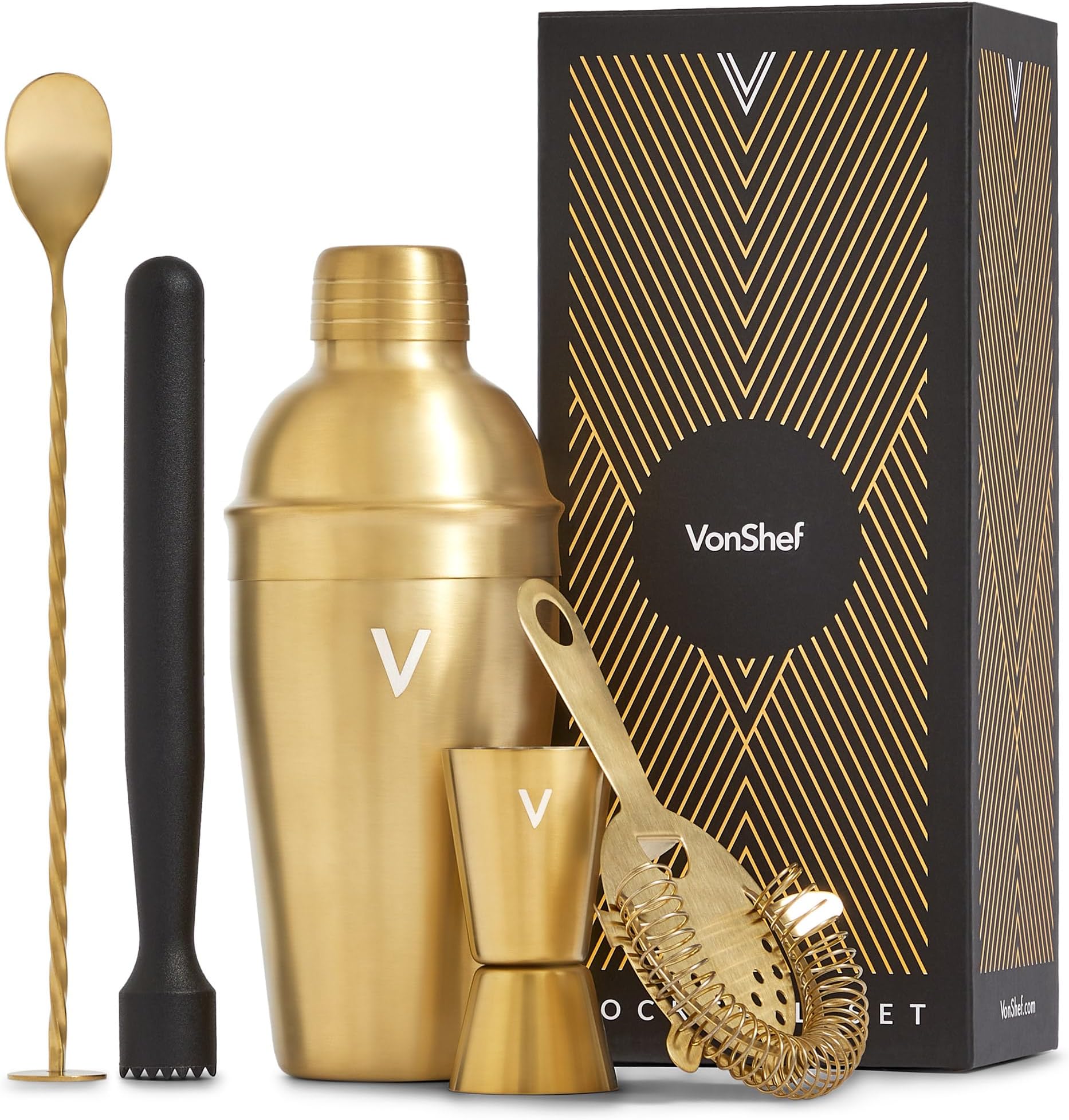 VonShef Cocktail Shaker Set, Gold 5pc Set with 550ml Manhattan Cocktail Shaker, Professional Bartender Set for Home Bar, Including Strainer, Muddler & Other Bar Accessories, Gift Box Included