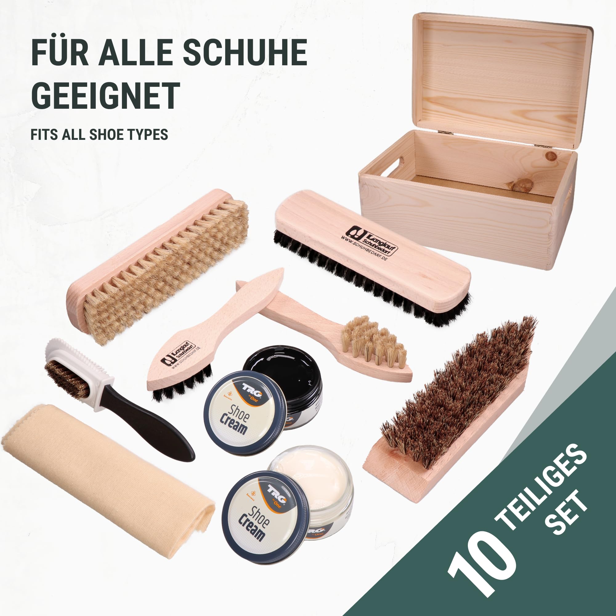 Langlauf Schuhputzset Verona 9-teilig mit Bürsten und Cremes im Holzkasten | Schuhcremes in Schwarz und Neutral, Poliertuch und Bürsten für Glattleder sowie Spezialbürste für Rauleder und Wildleder