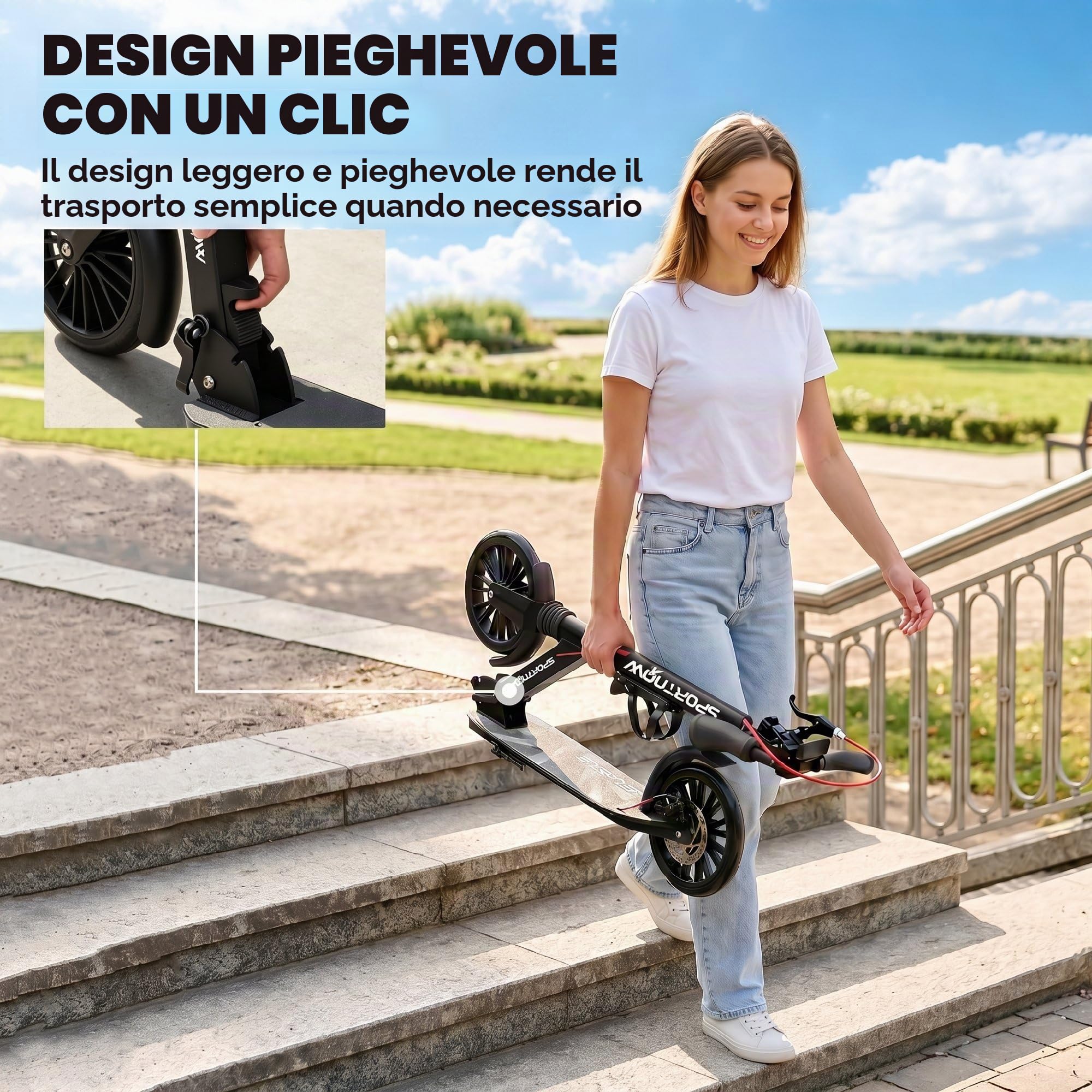 SPORTNOW Monopattino da città in alluminio, regolabile in altezza e pieghevole, con ruote in poliuretano da 200 mm, cuscinetti a sfera ABEC-7, doppio sistema frenante, portabicchieri, fino a 100 kg