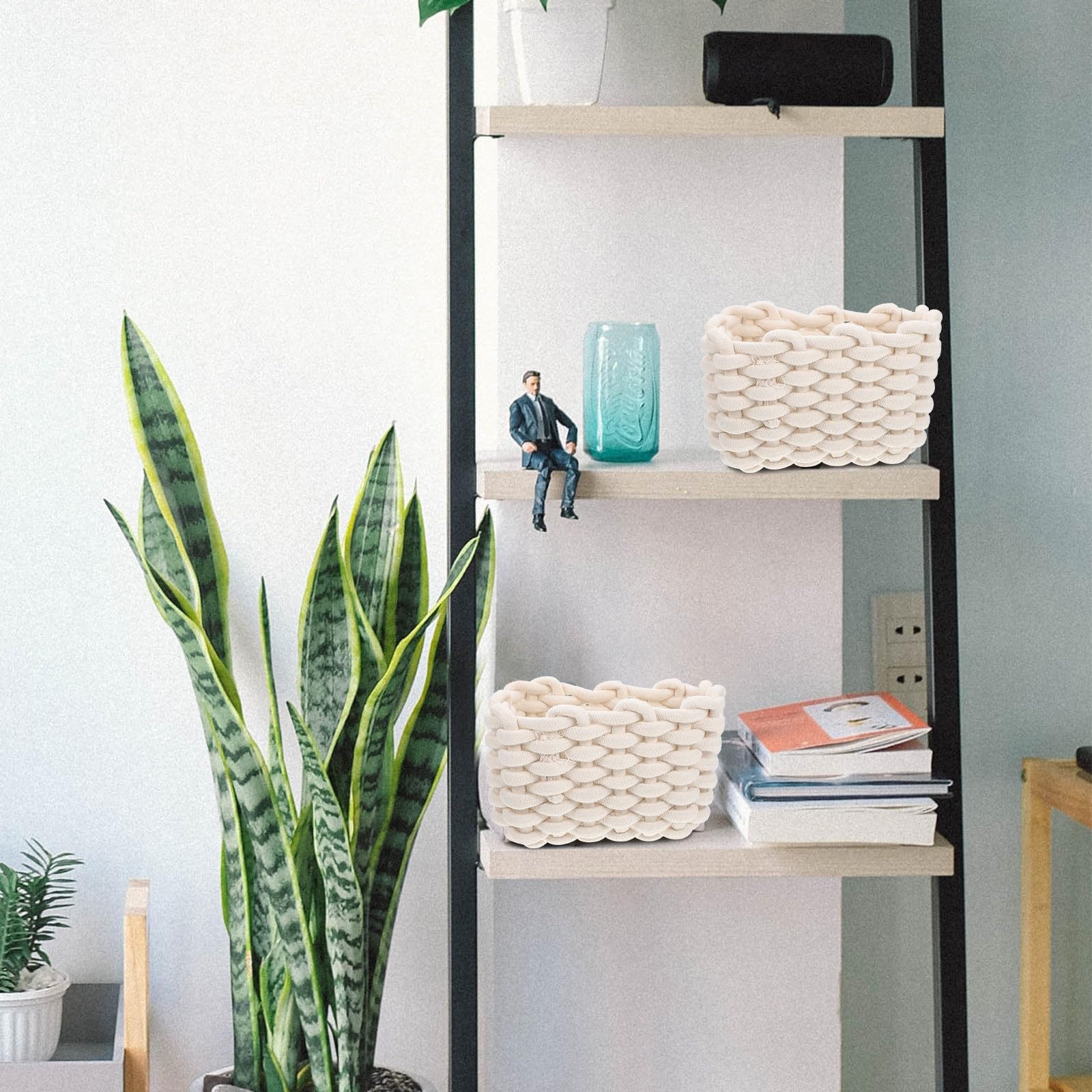 2 Stück Schlafzimmer Organizer aus Geflochtenem Baumwollseil Aufbewahrungskorb für Kleinigkeiten Weiß Handgefertigt für Zuhause und Schreibtisch