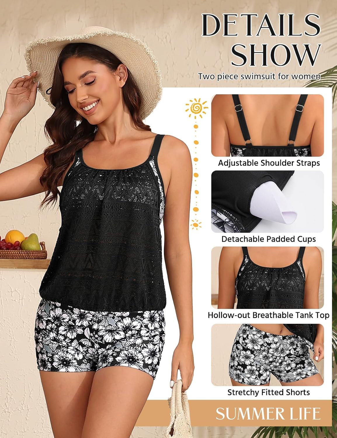 Blouson Tankini Swimsuits for Women 2026 Tummy Control Two Piece Sporty Bathing Suit with Boy Shorts for Beach