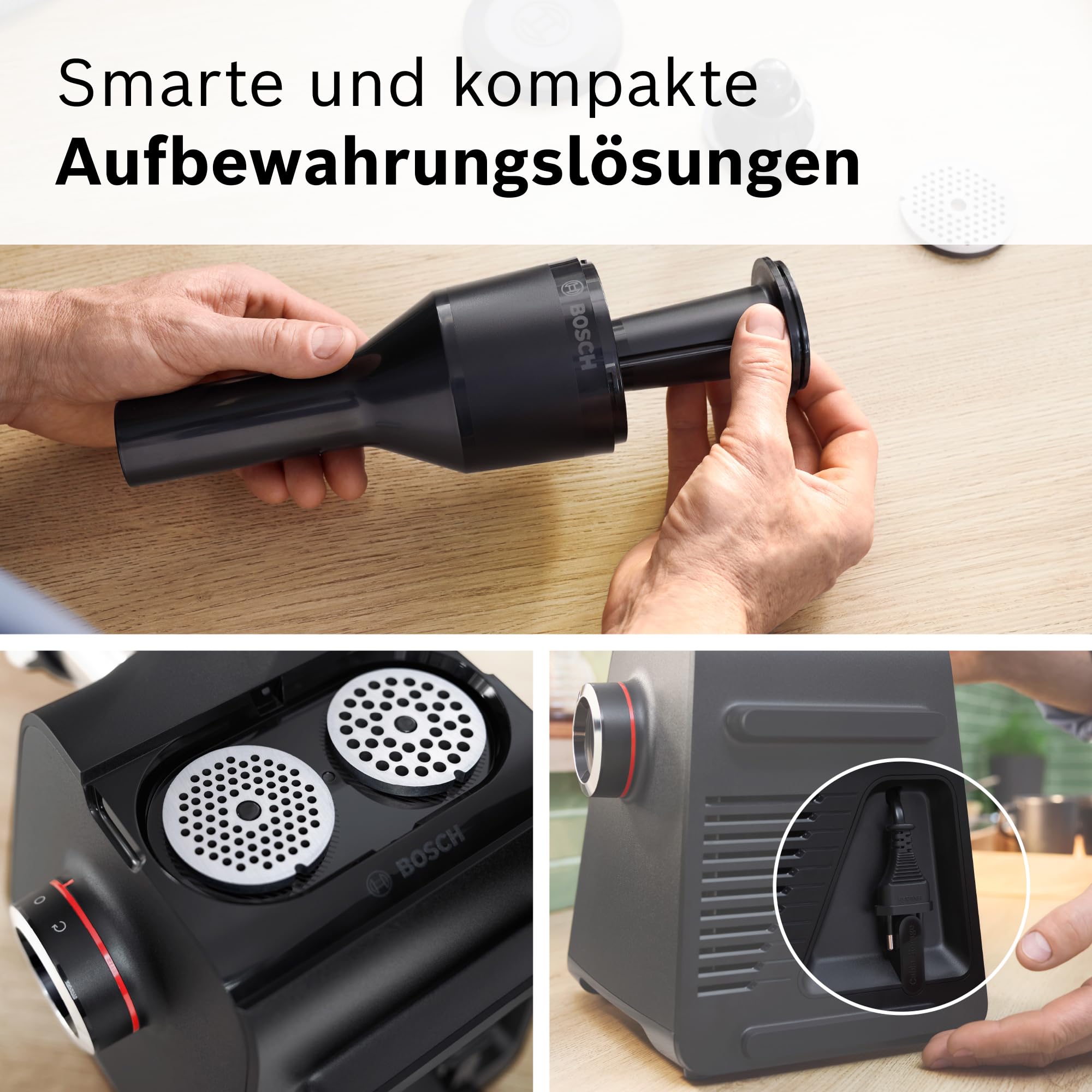Bosch Fleischwolf Serie 6, 3 Lochscheiben (3, 4,5/8 mm) Edelstahl, spülmaschinenfest, Entsafter, Wurst-/ Kebbe-Aufsatz, elektrisch, stark, kompakt, 2.100 W, schwarz, MultiPower MFWS650B
