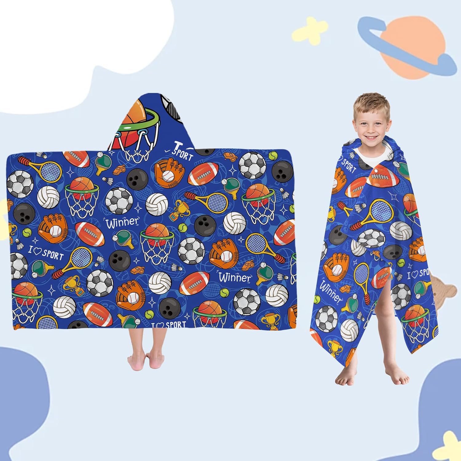 Kids Bath Towels, Sports Hooded Bath Towels for Boys, Sports Hooded Kids Beach Towel, Super Soft Lightweight Quick Dry Kid Boys Hooded Towel for Swim Beach Pool Bathroom, 50" x 30" - Image 2