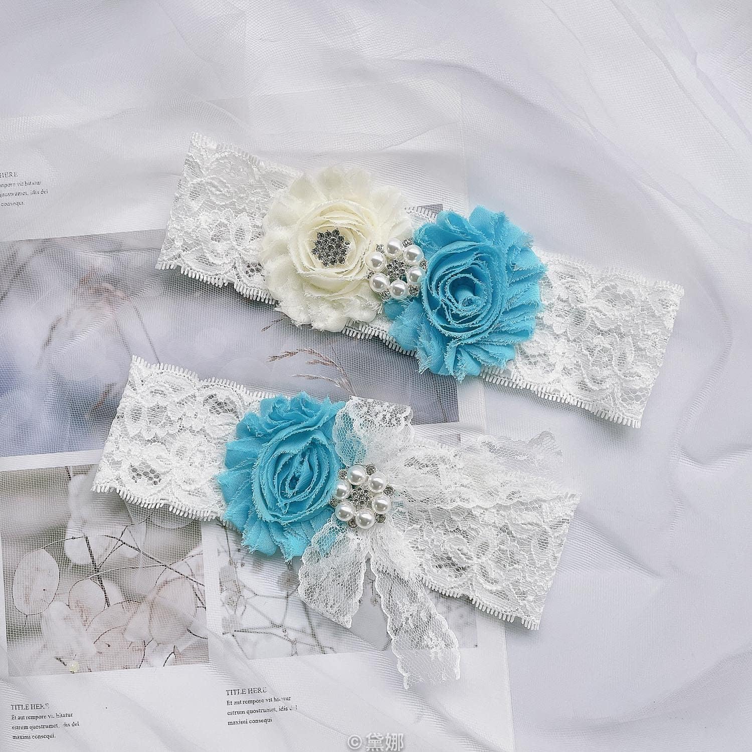 JWICOS Wedding Bridal Garters Lace Floral Garter Set Flower Stretch Garter Bride Leg Accessory for Women and Girls (Sky Blue)
