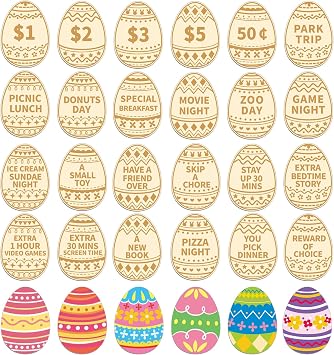 Jansun 24PCS Easter Egg Tokens, Easter Egg Fillers Wooden Easter Reward Tokens Coins with Engraved Sayings Basket Stuffers Fillers for Family Hunt Easter Activities Party Favors