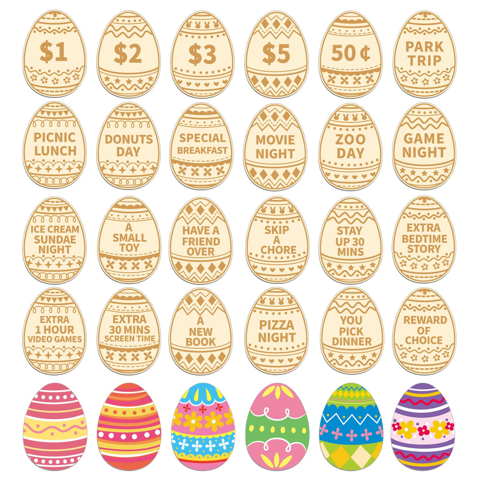 Jansun 24PCS Easter Egg Tokens, Easter Egg Fillers Wooden Easter Reward Tokens Tokens Coins with 24 Different Engraved Sayings for Unique Family Easter Egg Hunt Activities