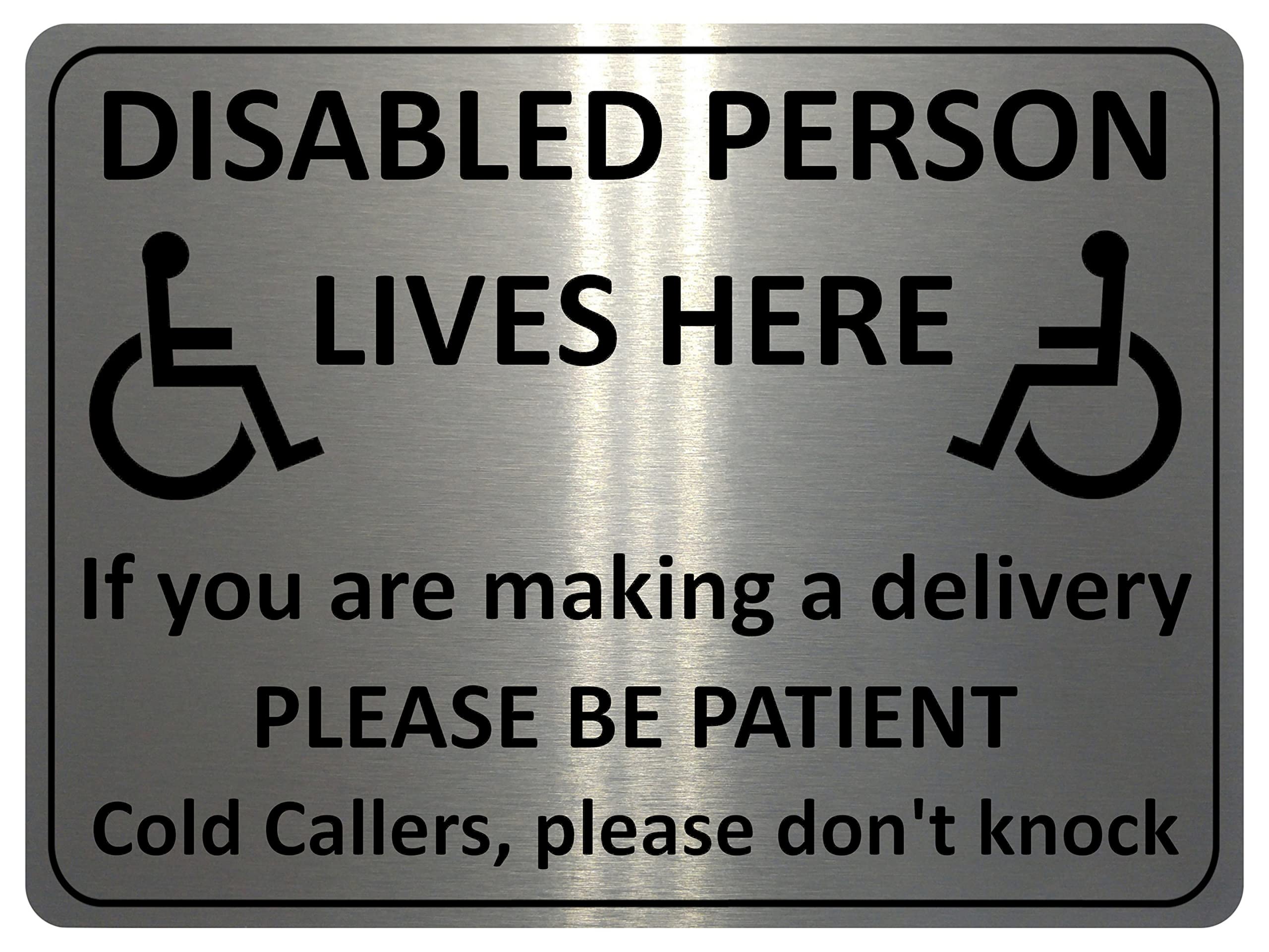 1245 DISABLED PERSON LIVES HERE Metal Aluminium Plaque Sign For Door Gate House (15x10cm, Brushed Silver)