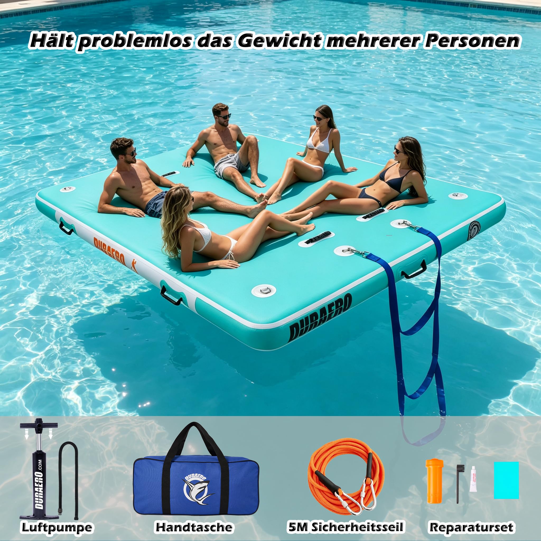Piattaforma gonfiabile XL, 240 x 180 x 15 cm, isola da bagno antiscivolo per piscina e lago, isola galleggiante portatile con borsa per il trasporto e pompa ad aria, stazione galleggiante per la
