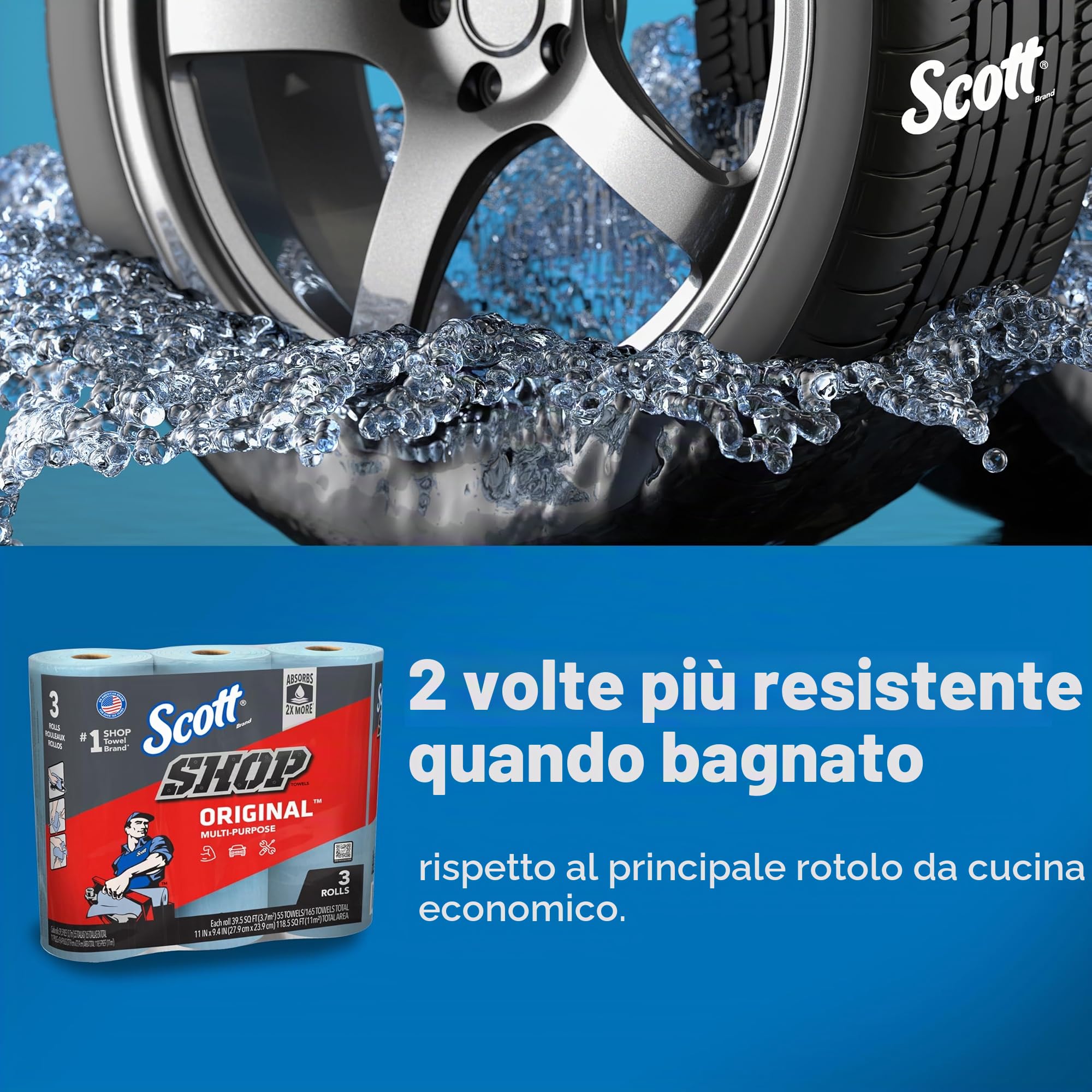 Scott Shop Towels Original (75143), blu, 55 fogli/rotolo standard, 30 rotoli/custodia (10 pacchi di 3 rotoli), 1.650 asciugamani/custodia